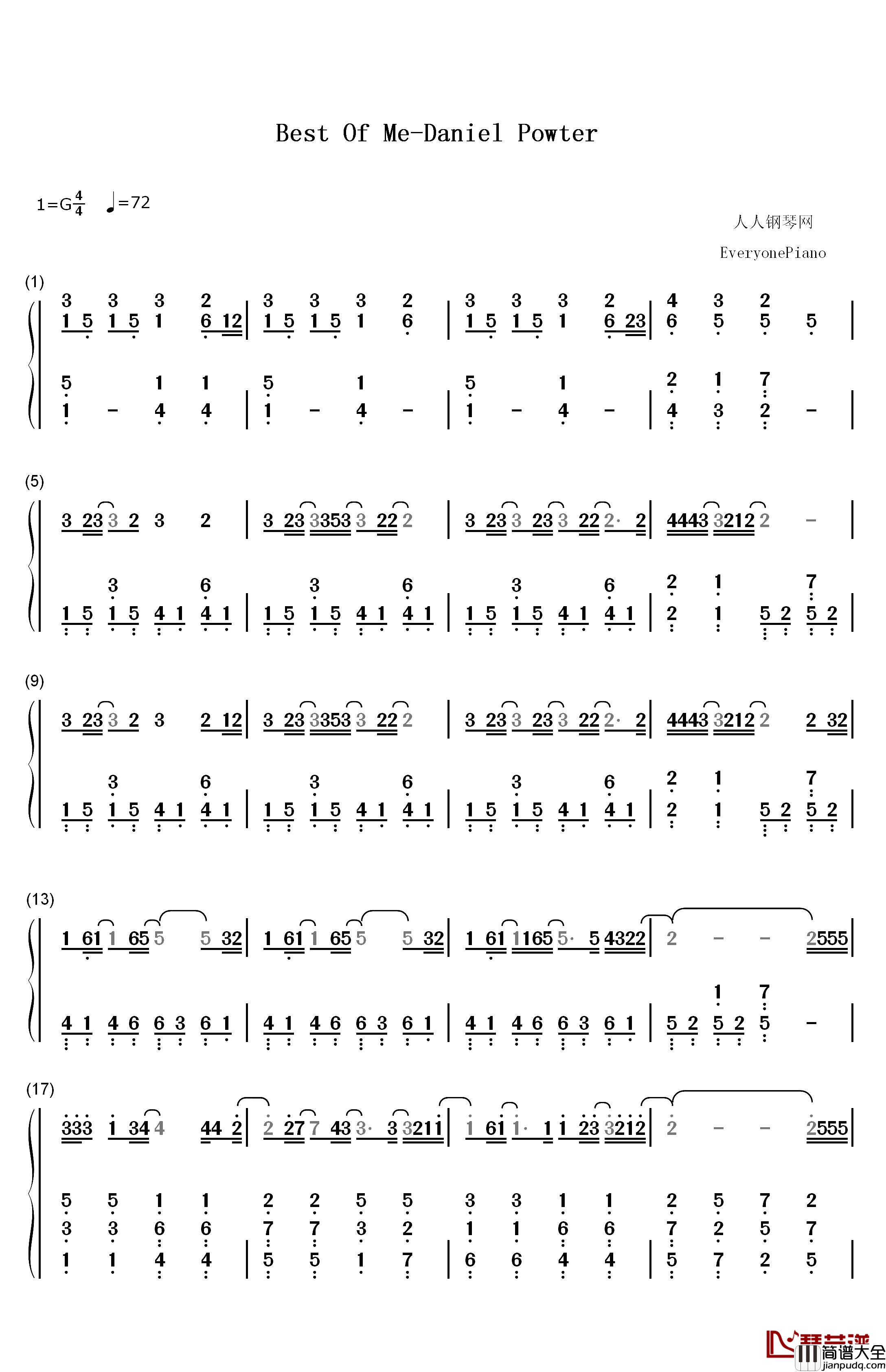 Best_Of_Me钢琴简谱_数字双手_丹尼尔•波特__Daniel_Powter