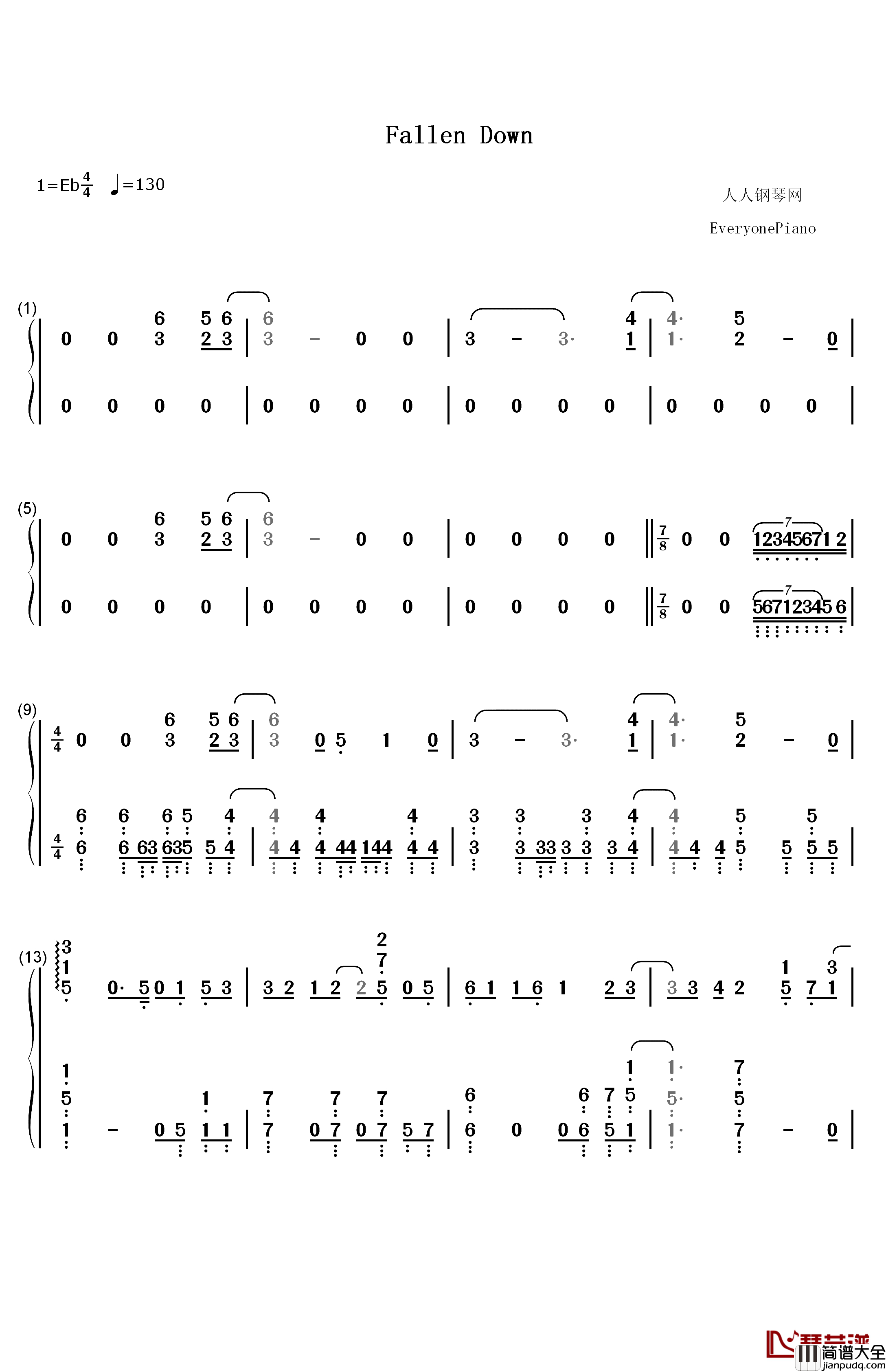 fallen_down钢琴简谱_数字双手_イカロス(早见沙织)