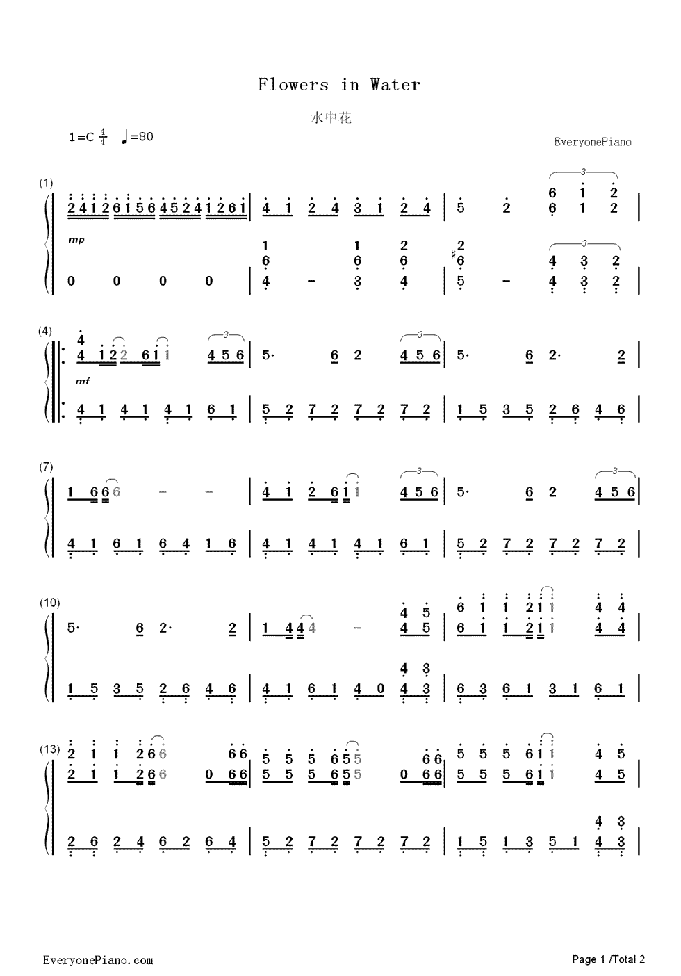 水中花钢琴简谱_数字双手_谭咏麟