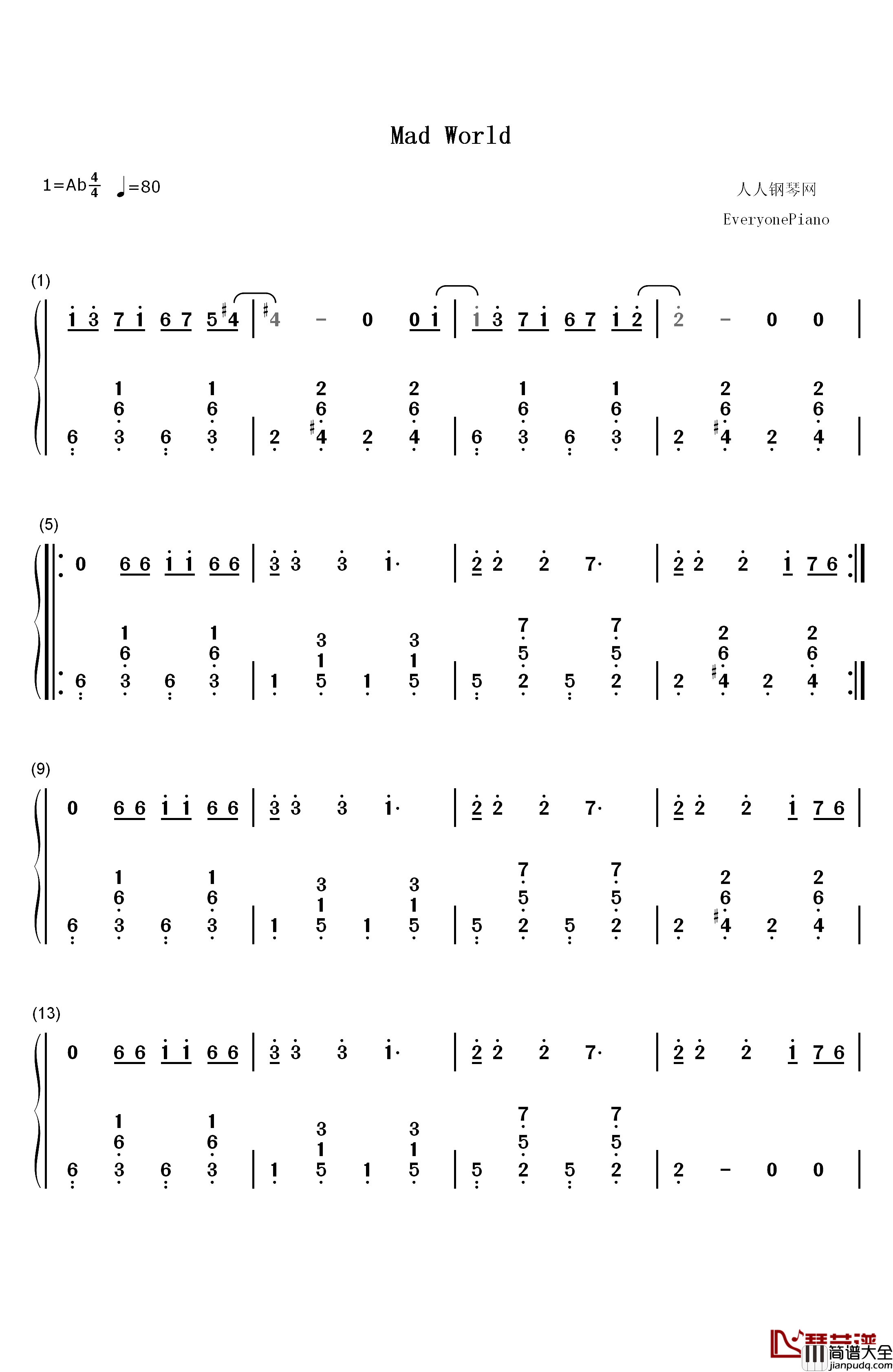Mad_World－电影_死亡幻觉_主题曲钢琴简谱_数字双手_Tears_For_Fears