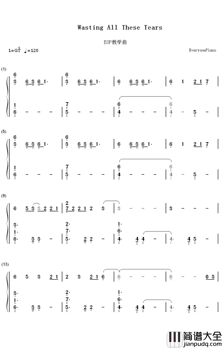 Wasting_All_These_Tears钢琴简谱_数字双手_Cassadee_Pope