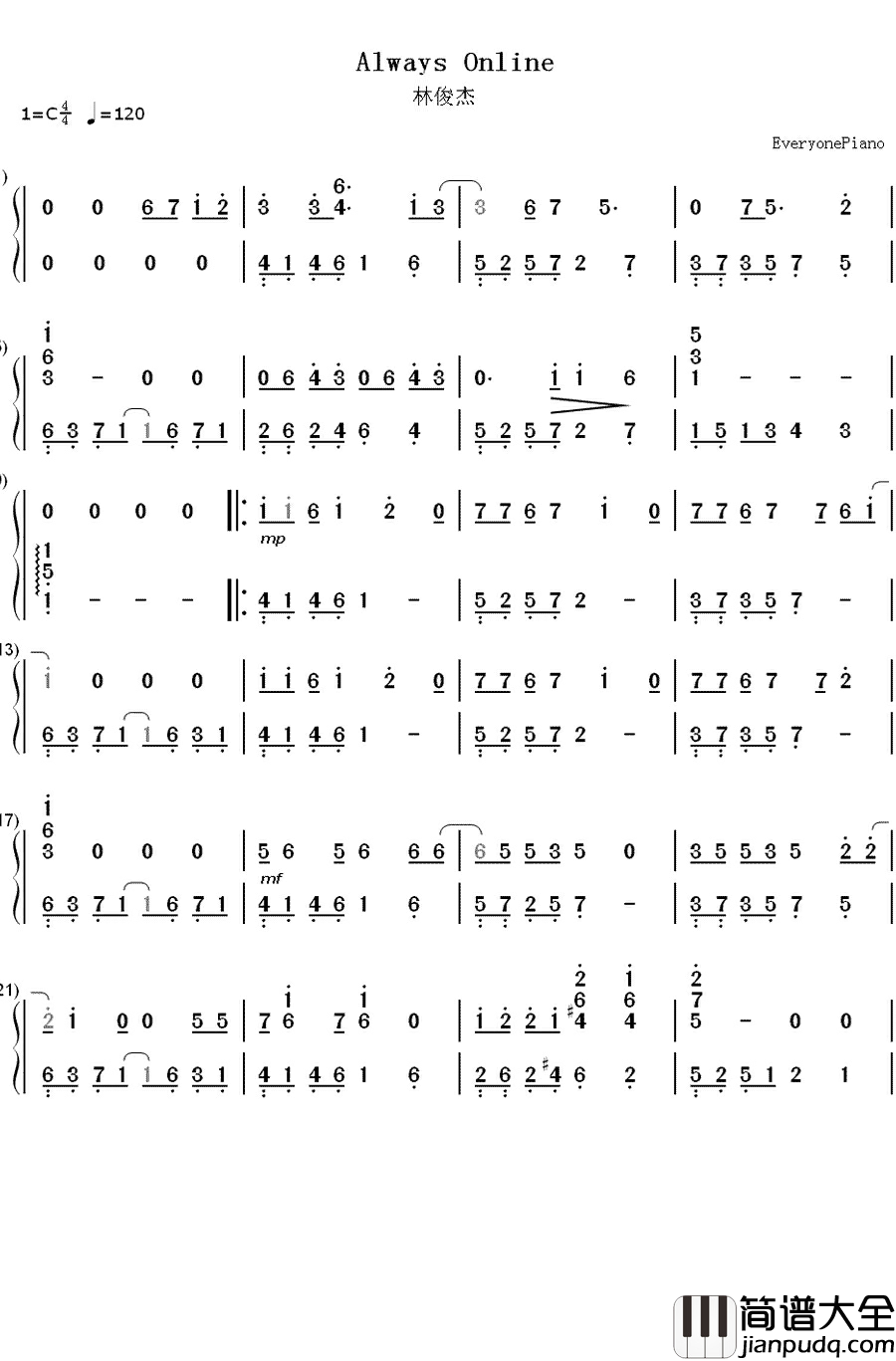 Always_Online钢琴简谱_数字双手_林俊杰