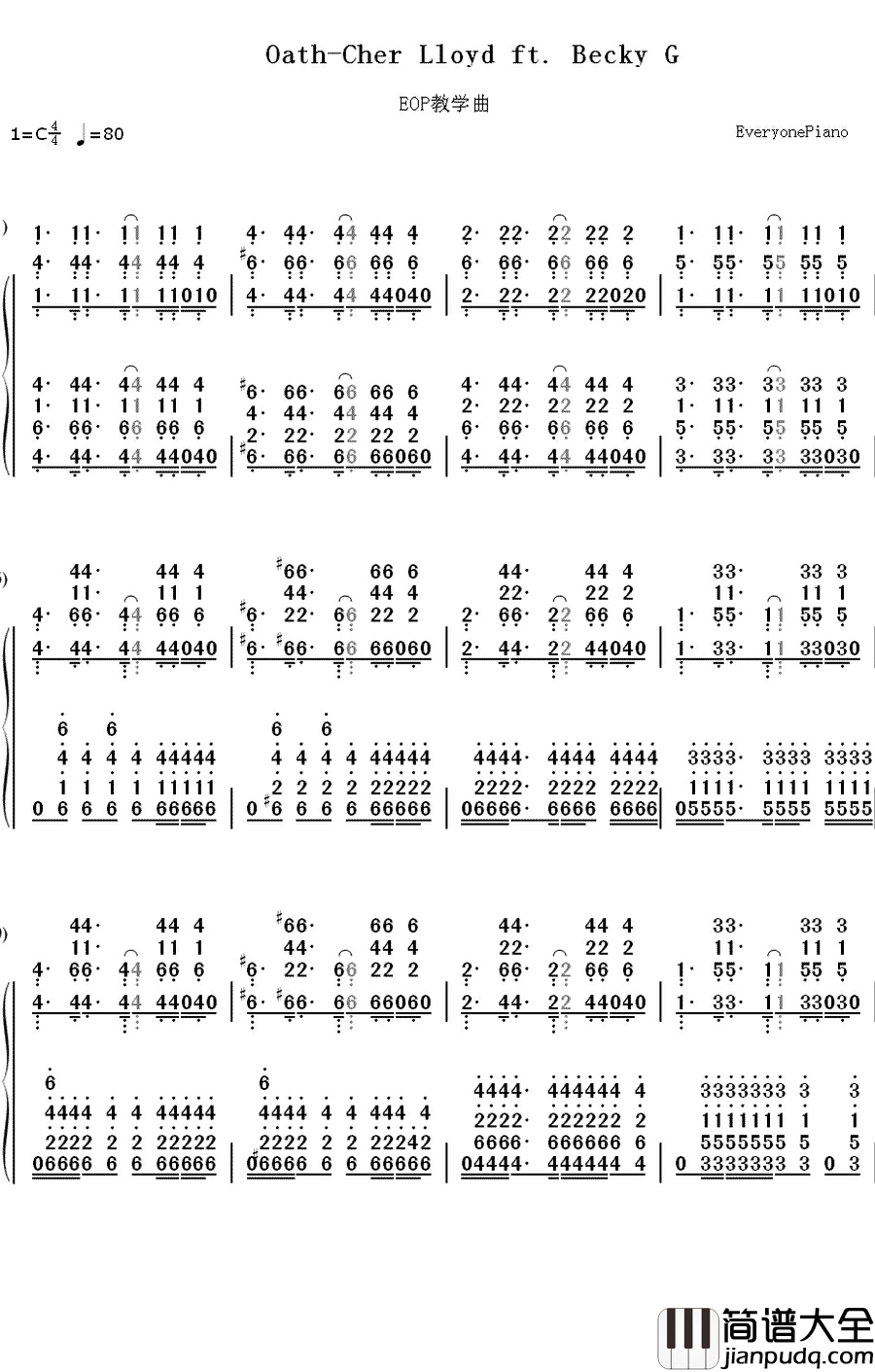 Oath钢琴简谱_数字双手_Cher_Lloyd_ft._Becky_G