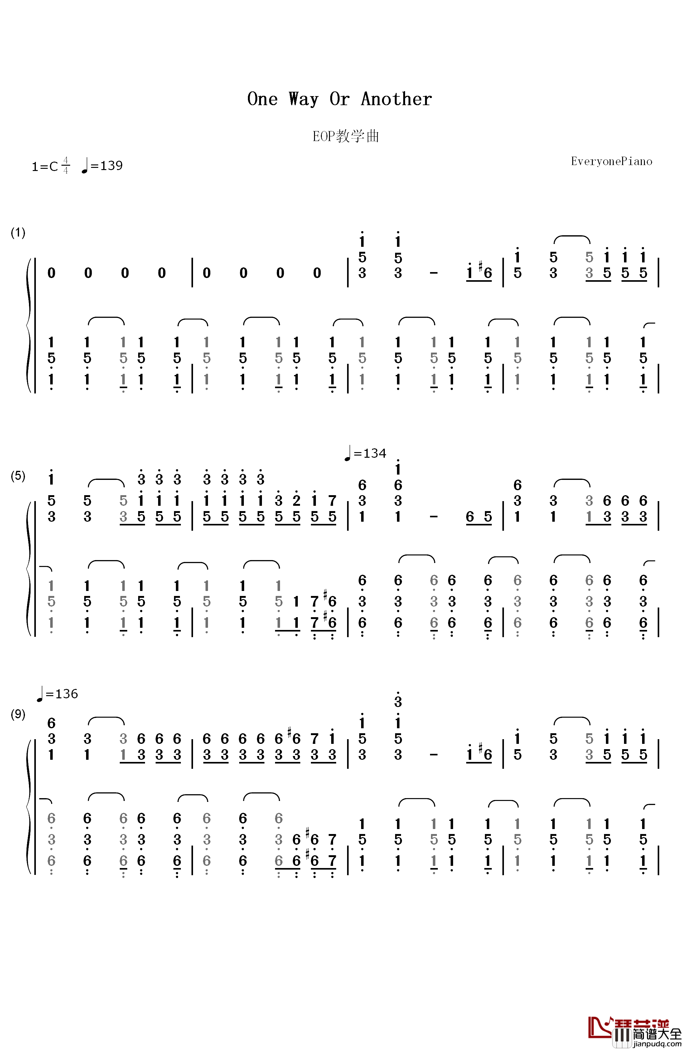 One_Way_Or_Another_(Teenage_Kicks)钢琴简谱_数字双手_One_Direction
