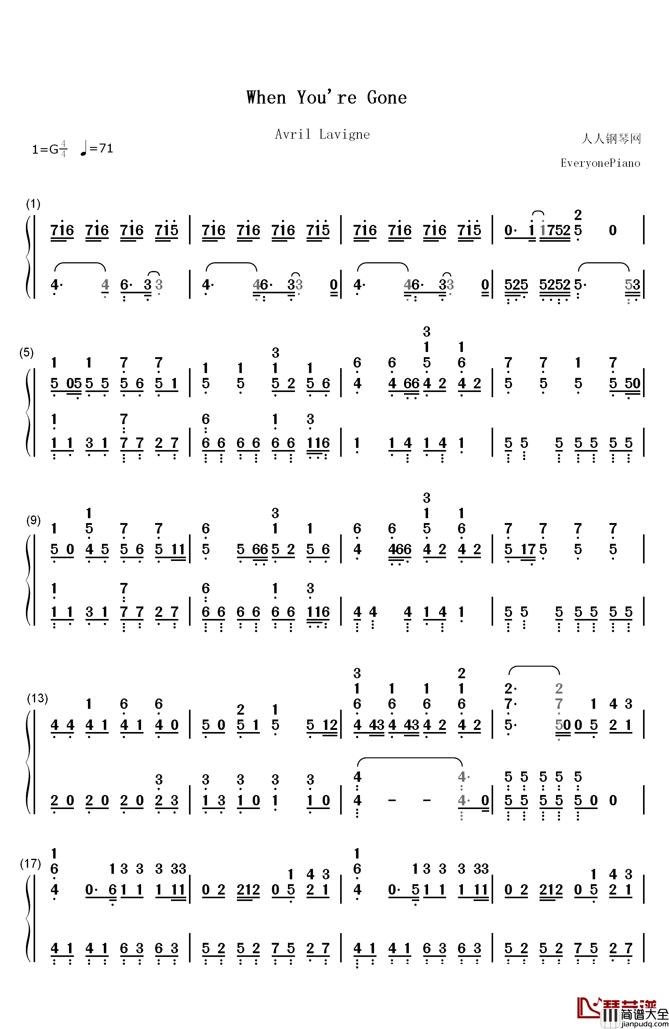 When_You're_Gone钢琴简谱_数字双手_艾薇儿__Avril_Lavigne