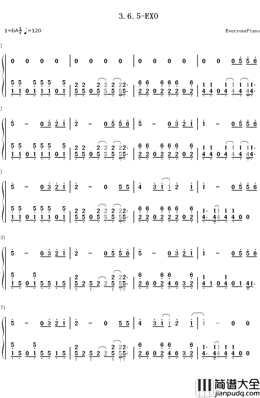 3.6.5钢琴简谱_数字双手_EXO