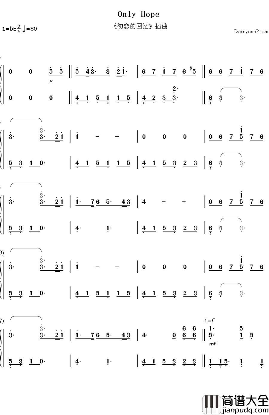 Only_Hope钢琴简谱_数字双手_Mandy_Moore