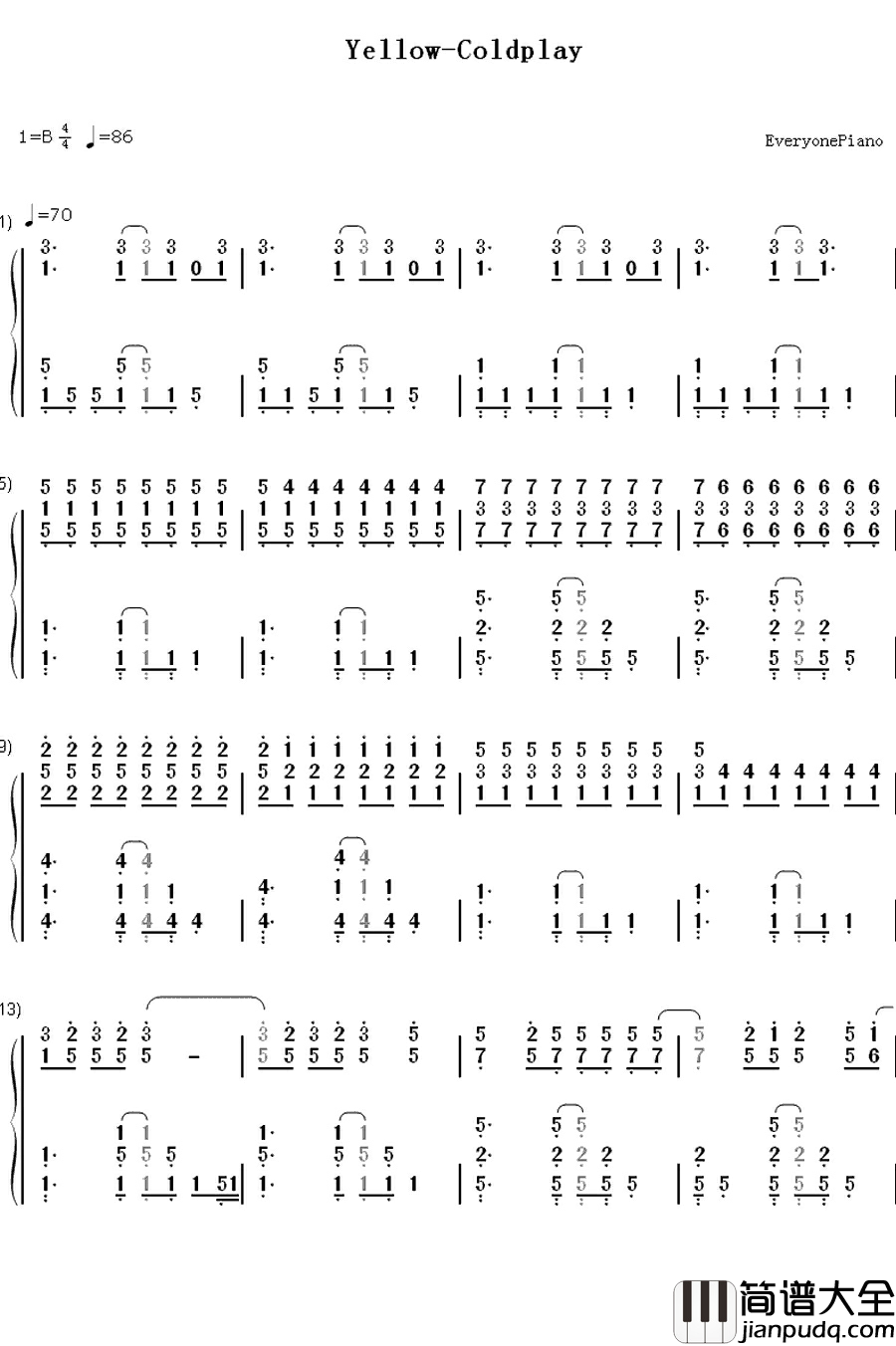 Yellow钢琴简谱_数字双手_Coldplay