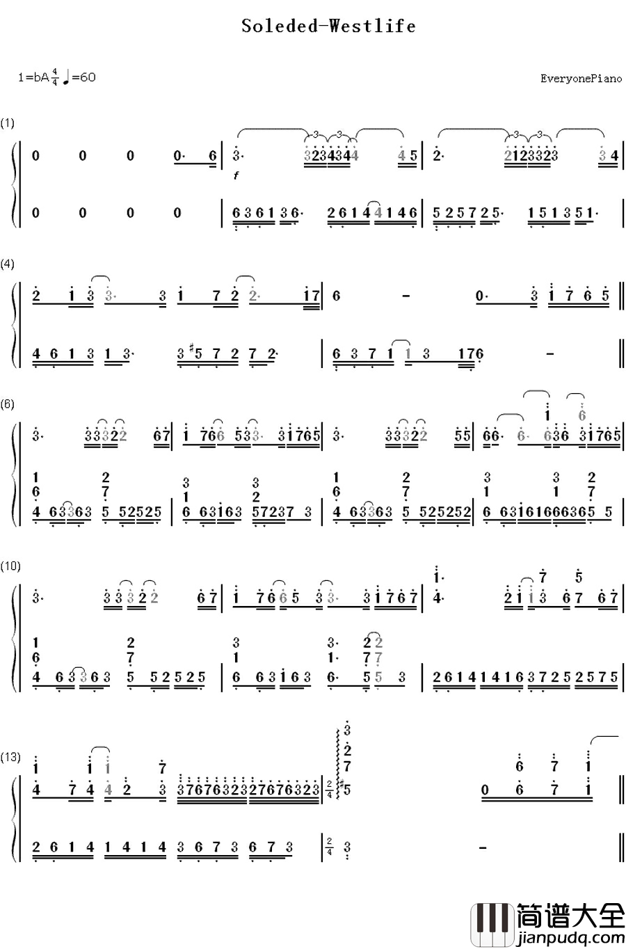 Soledad钢琴简谱_数字双手_西城男孩