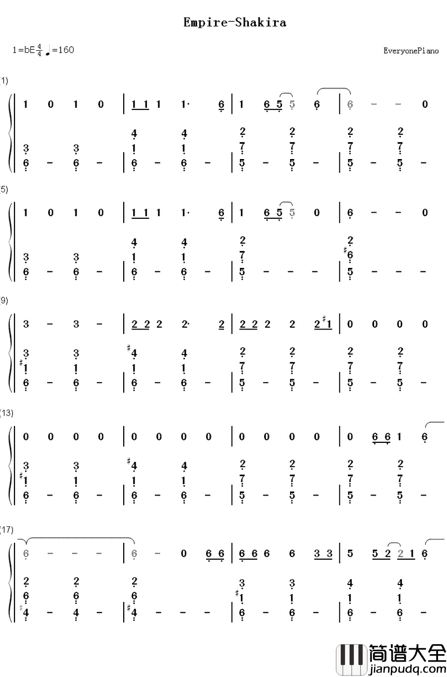 Empire钢琴简谱_数字双手_Shakira
