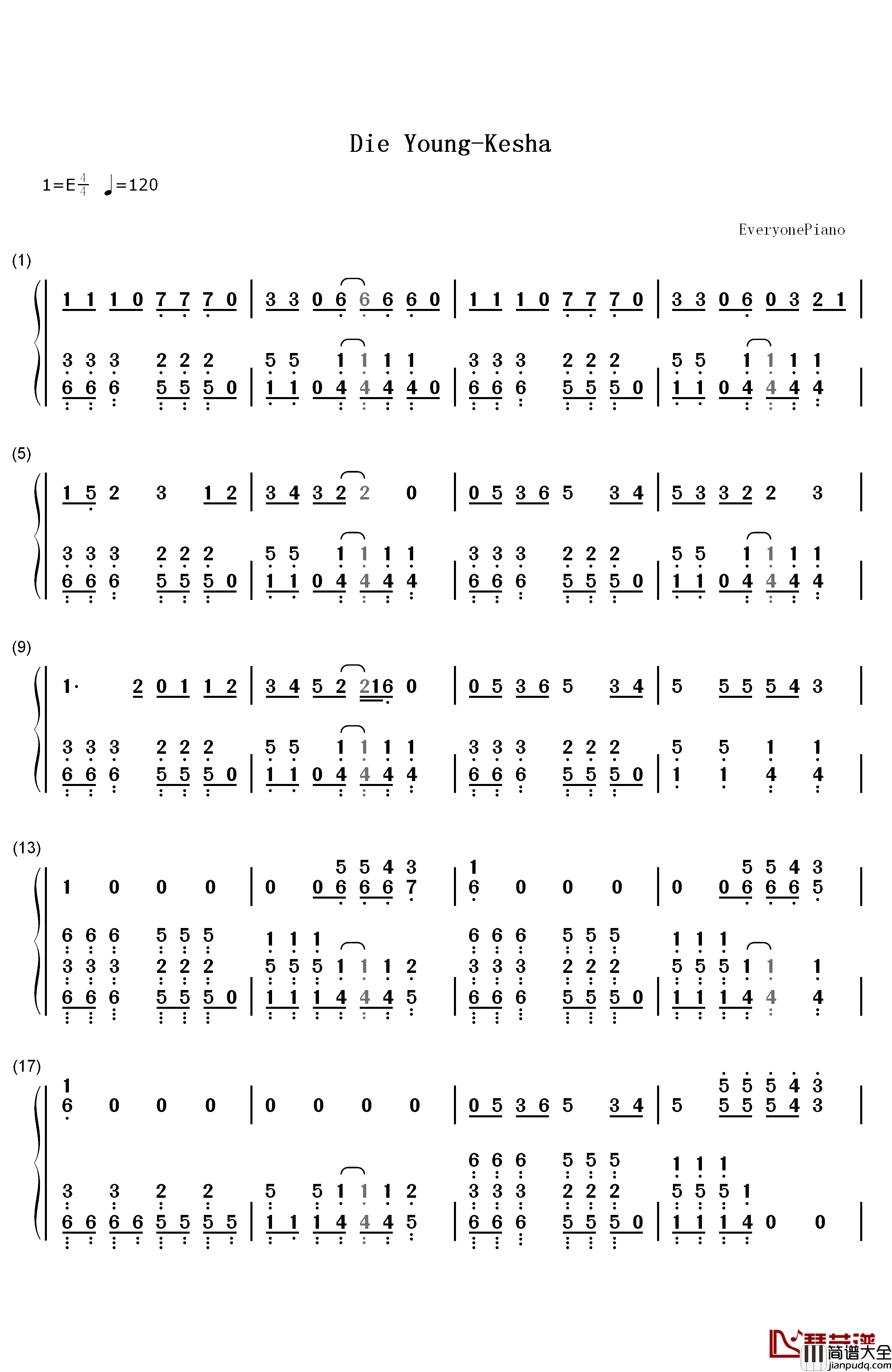 Die_Young钢琴简谱_数字双手_Kesha