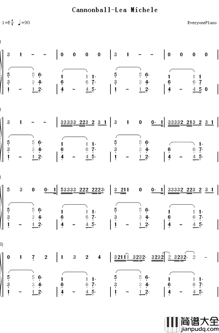 Cannonball钢琴简谱_数字双手_Lea_Michele
