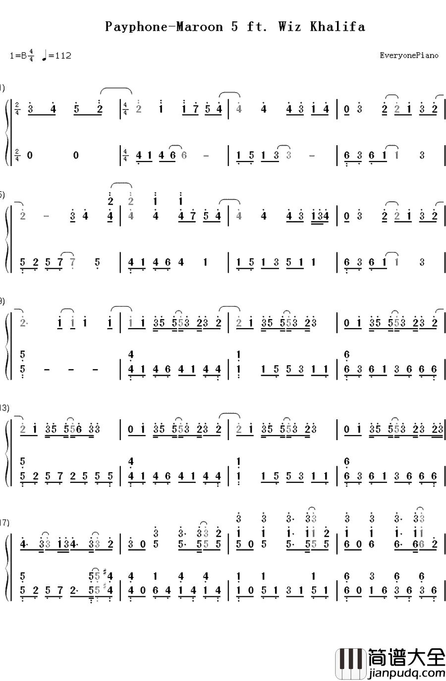 Payphone钢琴简谱_数字双手_Maroon_5_ft._Wiz_Khalifa