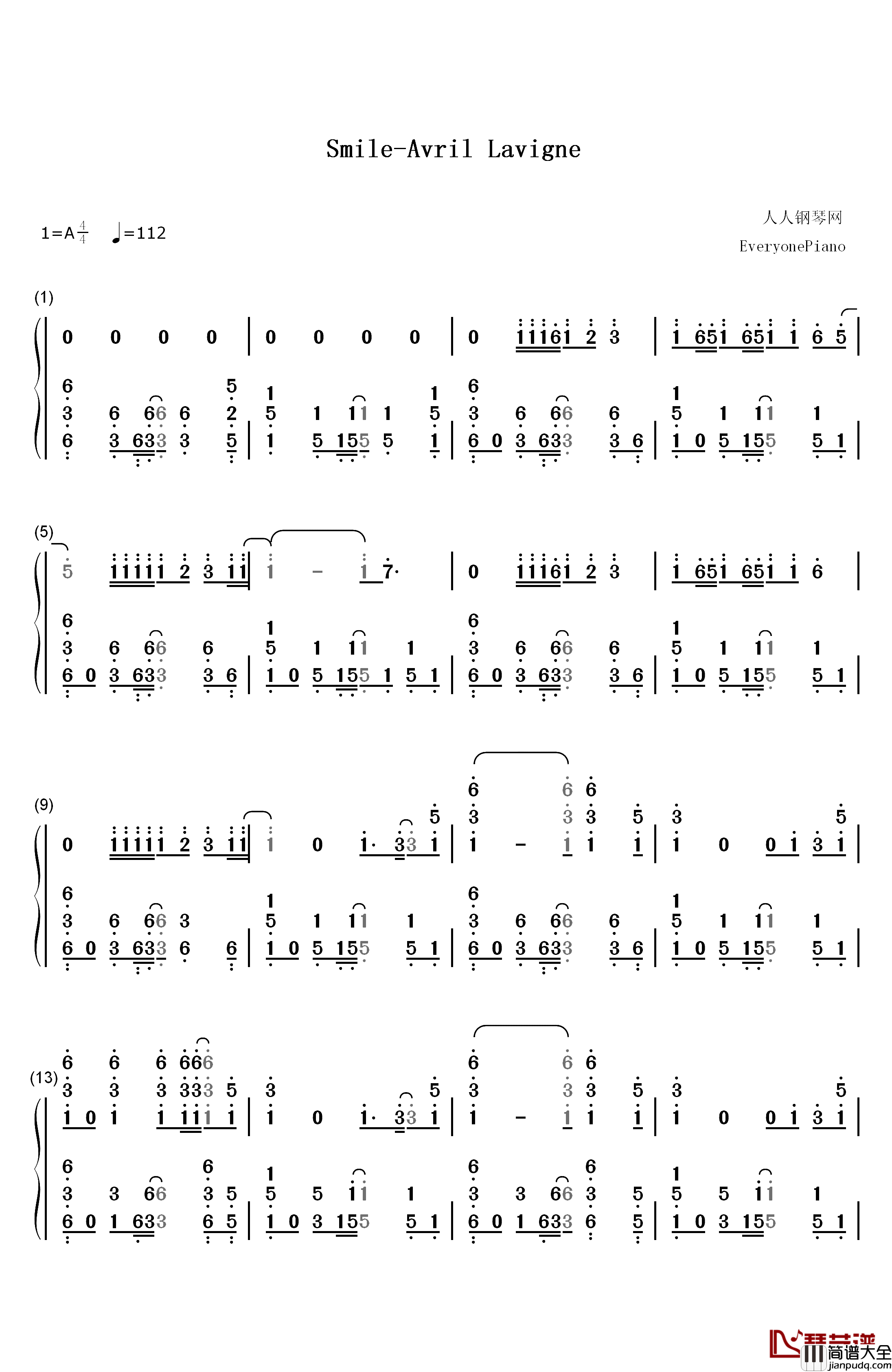 Smile钢琴简谱_数字双手_Avril_Lavigne