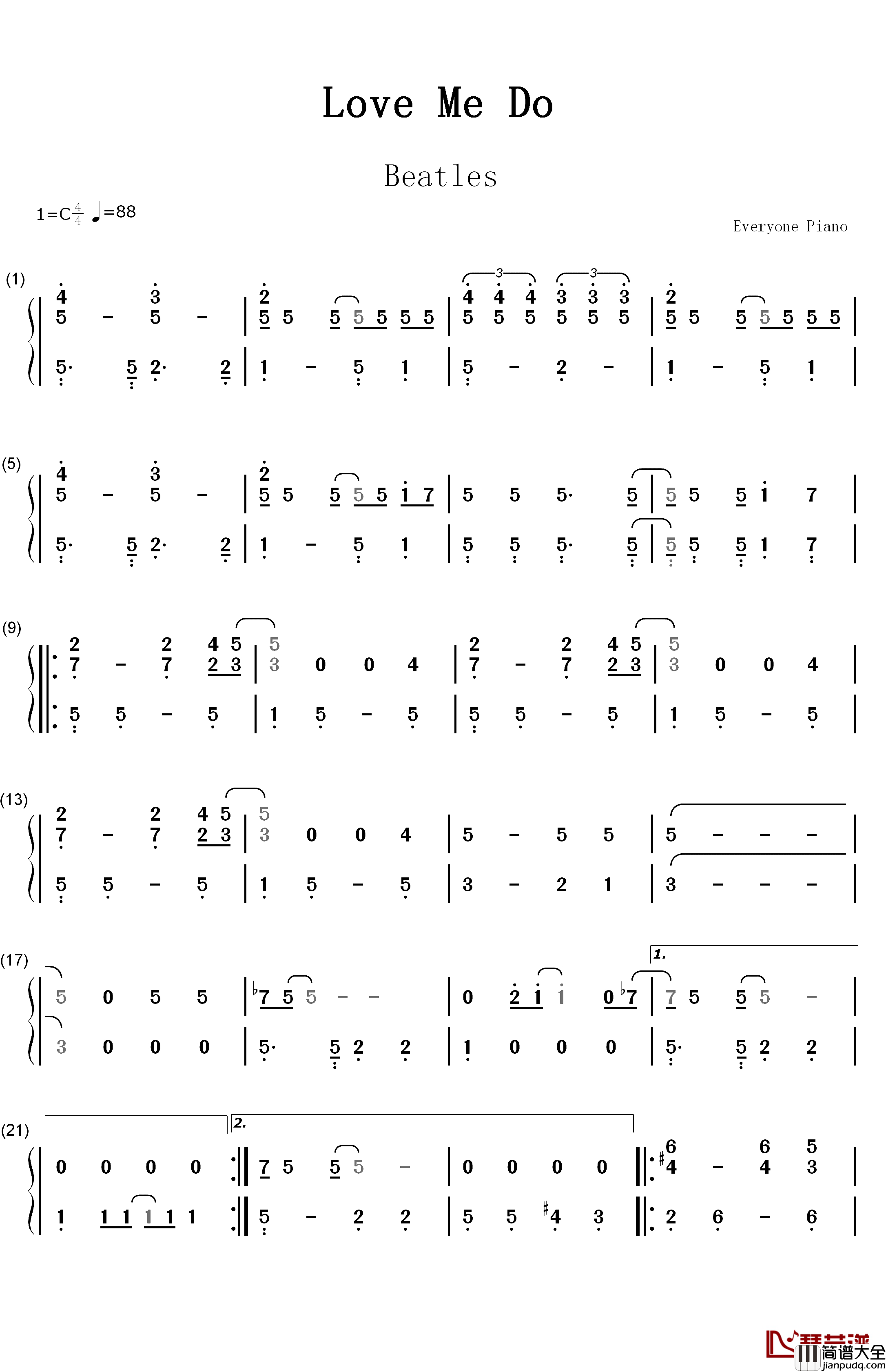 Love_Me_Do钢琴简谱_数字双手_The_Beatles