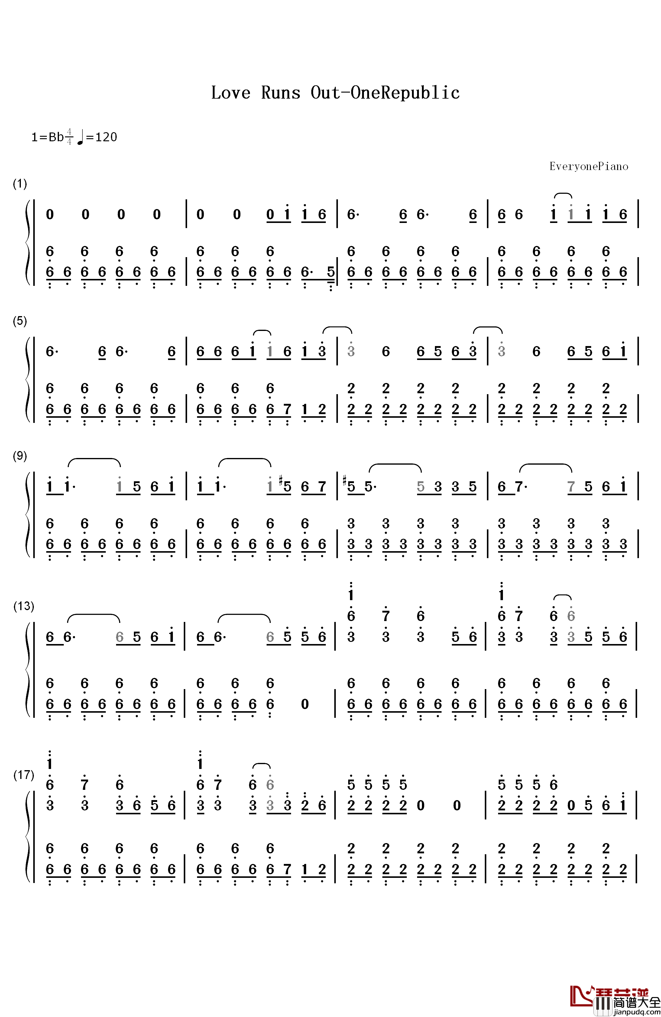 Love_Runs_Out钢琴简谱_数字双手_OneRepublic