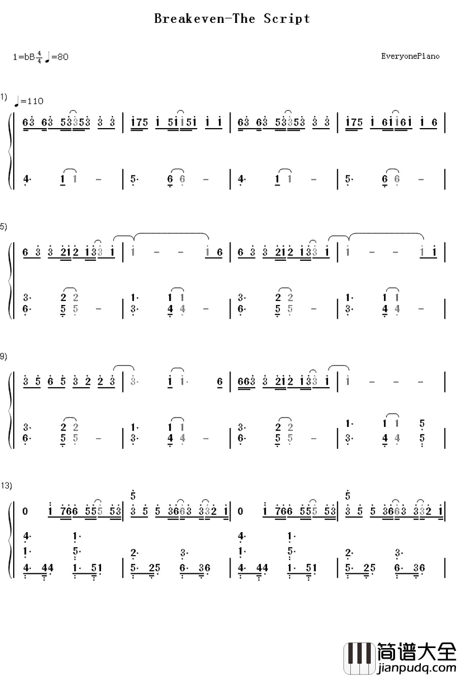 Breakeven钢琴简谱_数字双手_The_Script