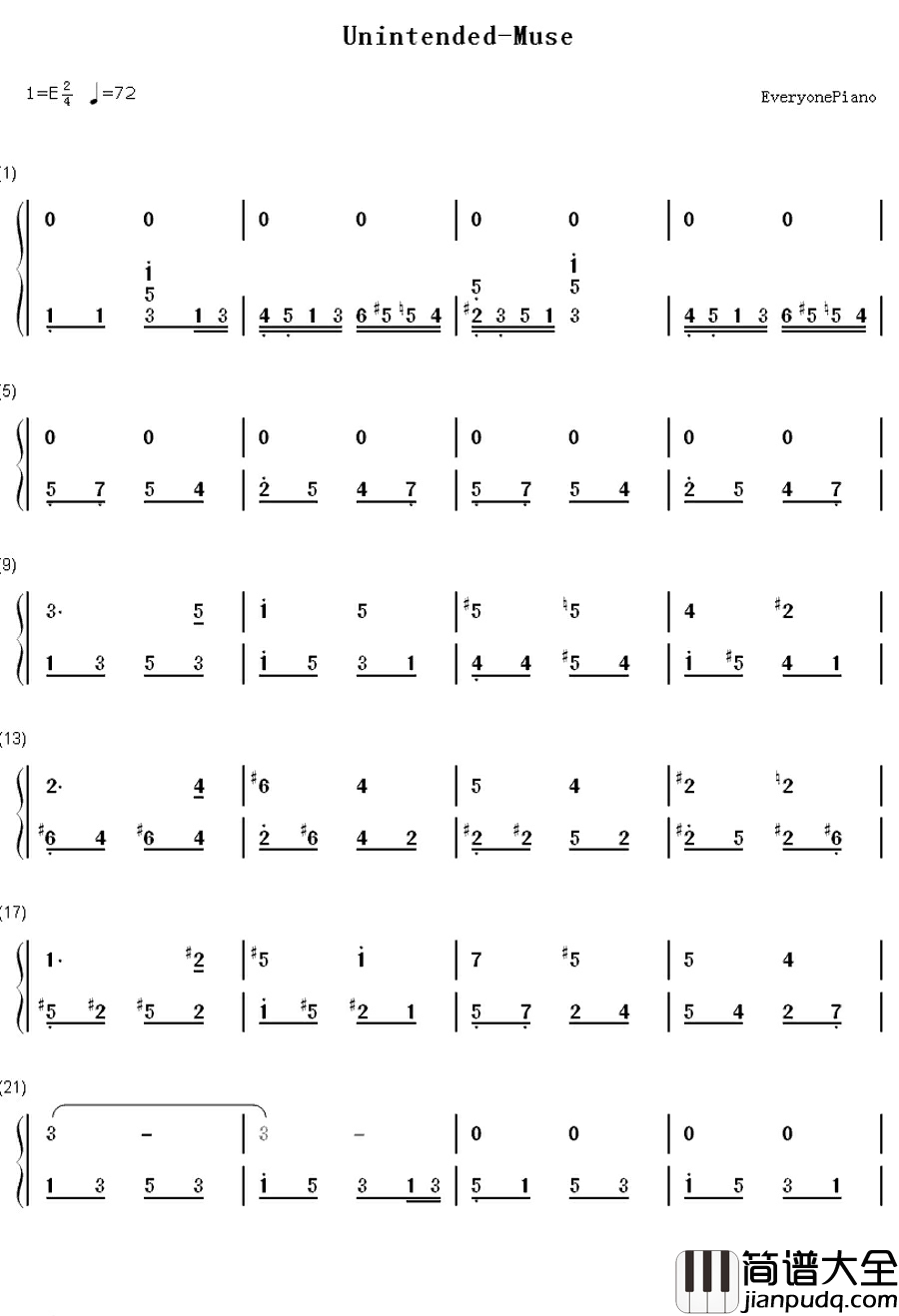 Unintended钢琴简谱_数字双手_Muse