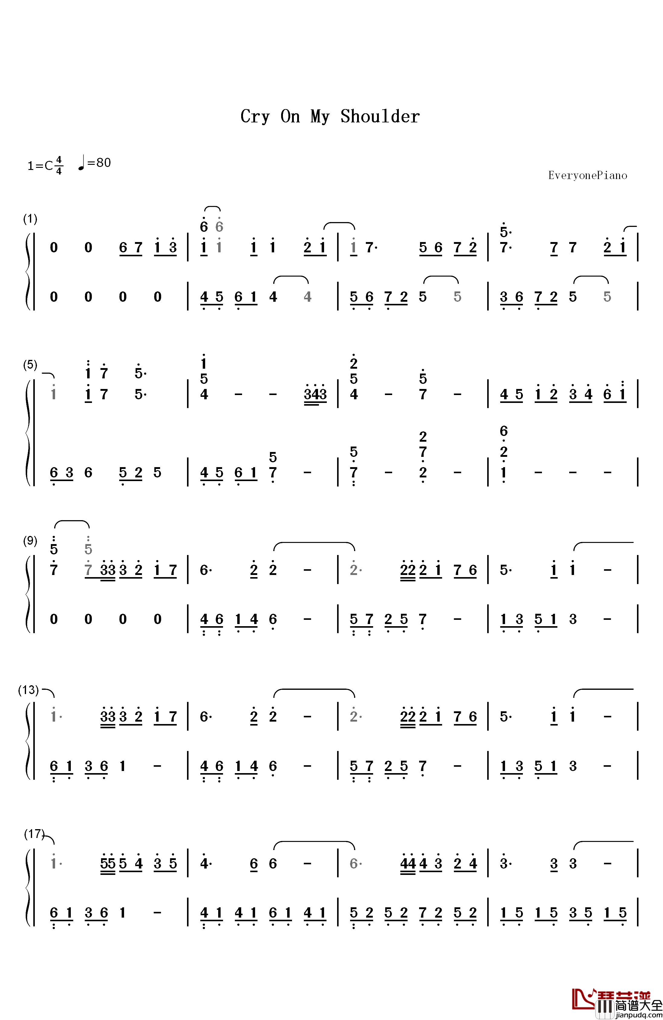Cry_On_My_Shoulder钢琴简谱_数字双手_Guns_N'_Roses