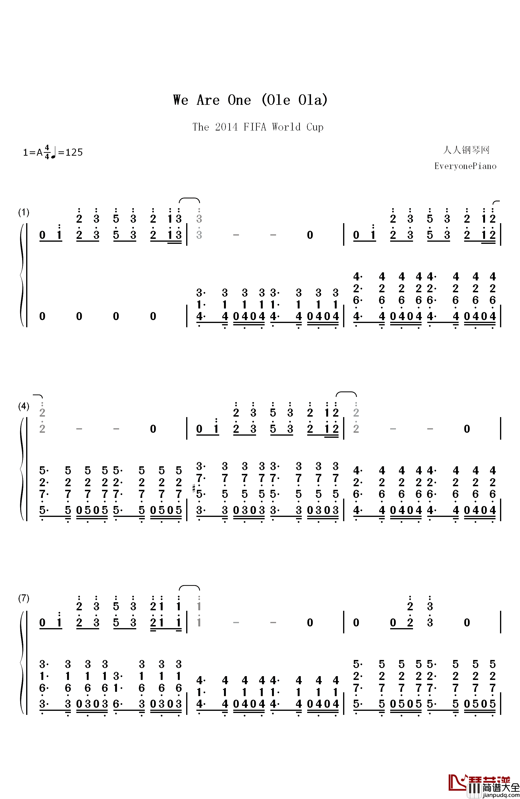 We_Are_One_(Ole_Ola)钢琴简谱_数字双手_Pitbull