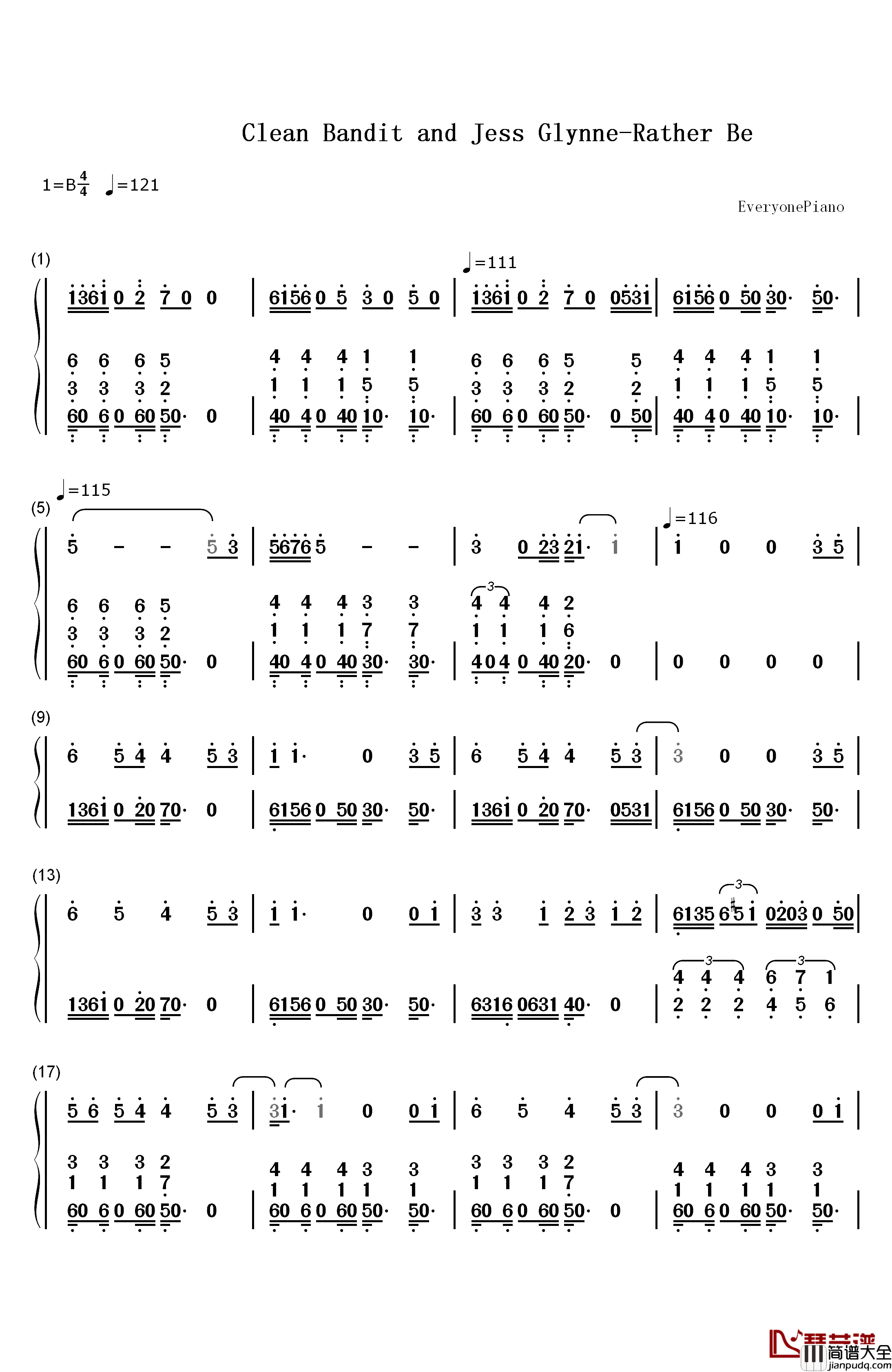 Rather_Be钢琴简谱_数字双手_Clean_Bandit/Jess_Glynne