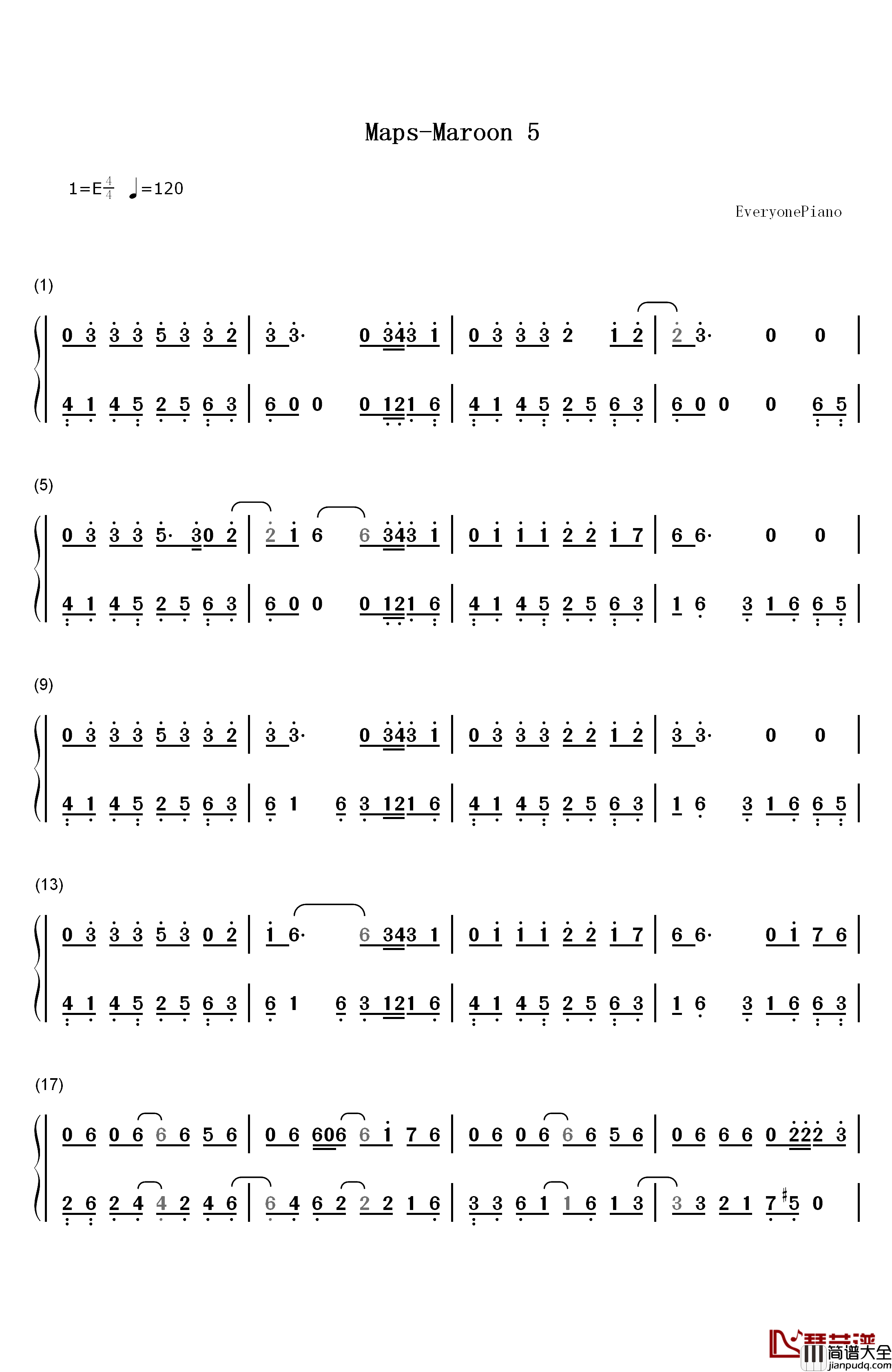 Maps钢琴简谱_数字双手_Maroon_5