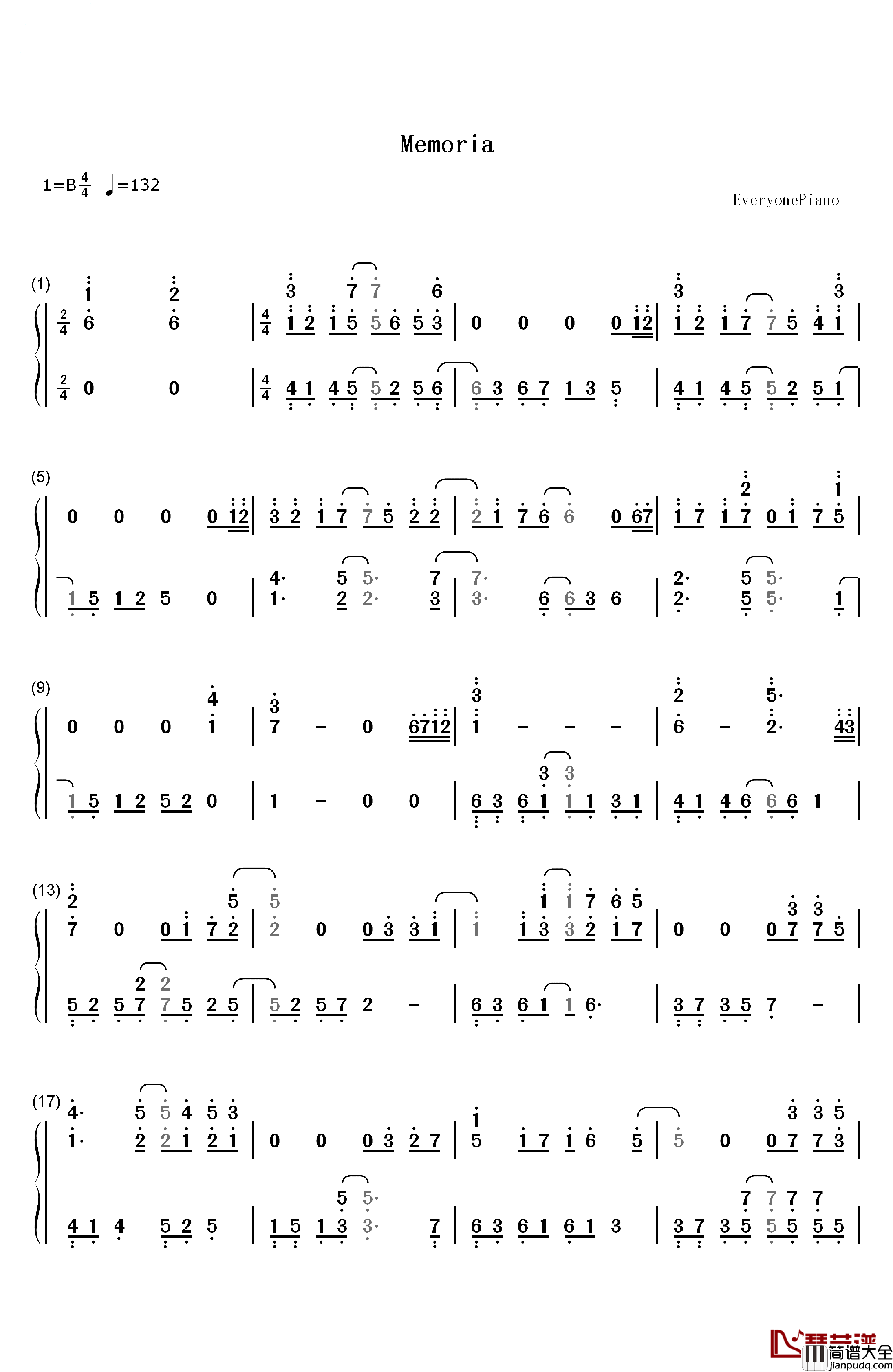 MEMORIA钢琴简谱_数字双手_蓝井エイル_蓝井艾露