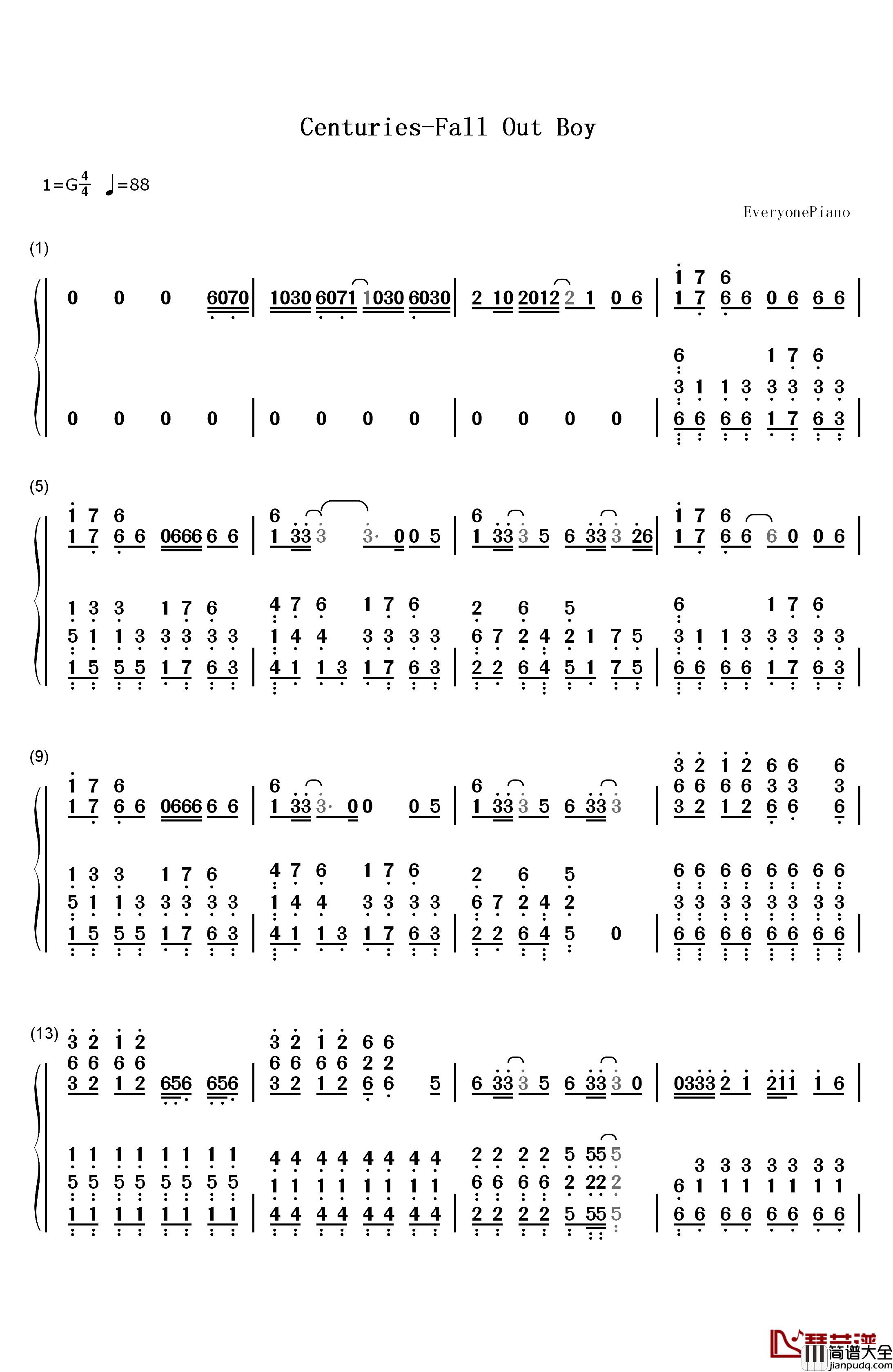 Centuries钢琴简谱_数字双手_Fall_Out_Boy