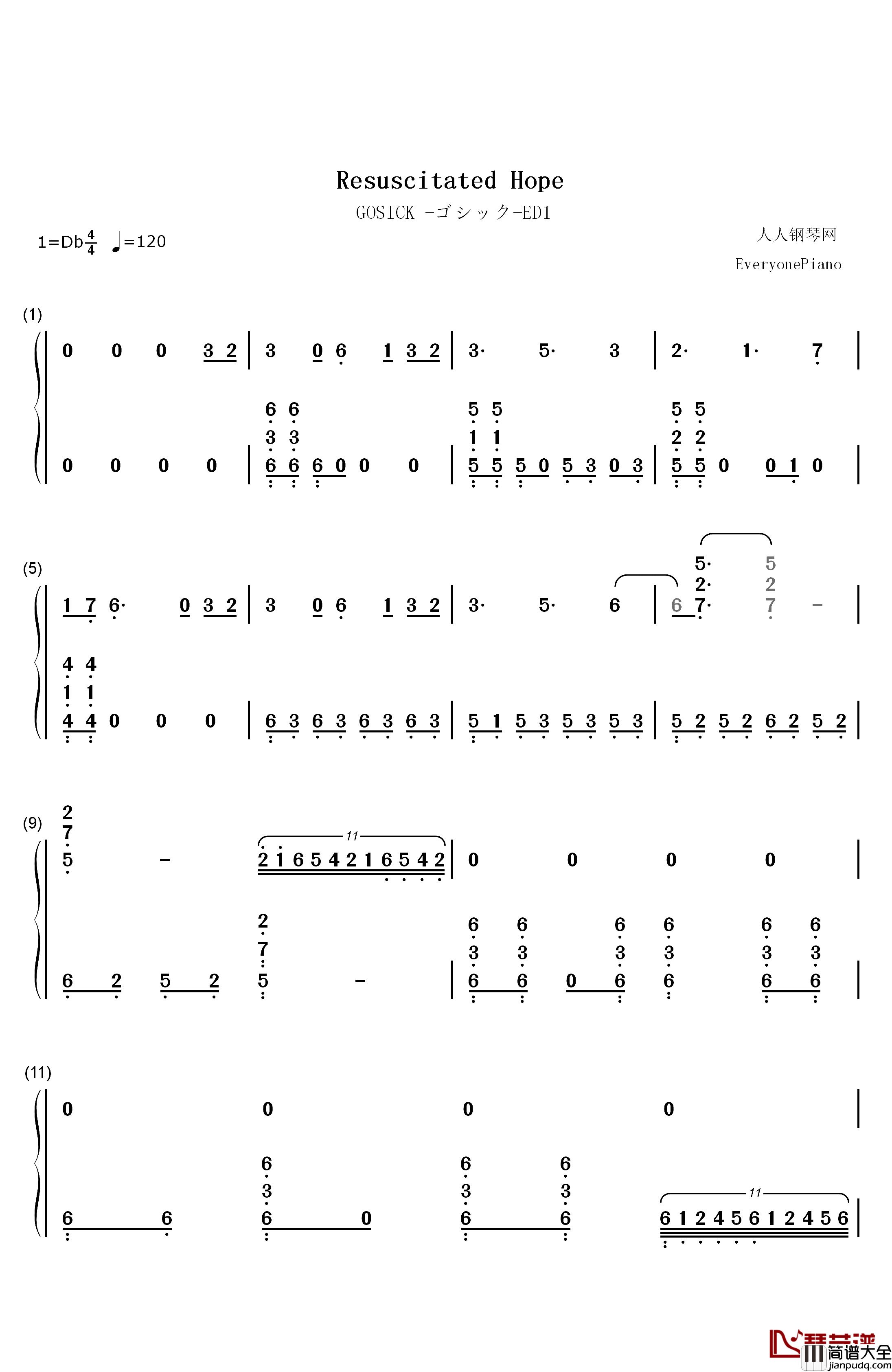 Resuscitated_Hope钢琴简谱_数字双手_コミネリサ_小峰理纱　