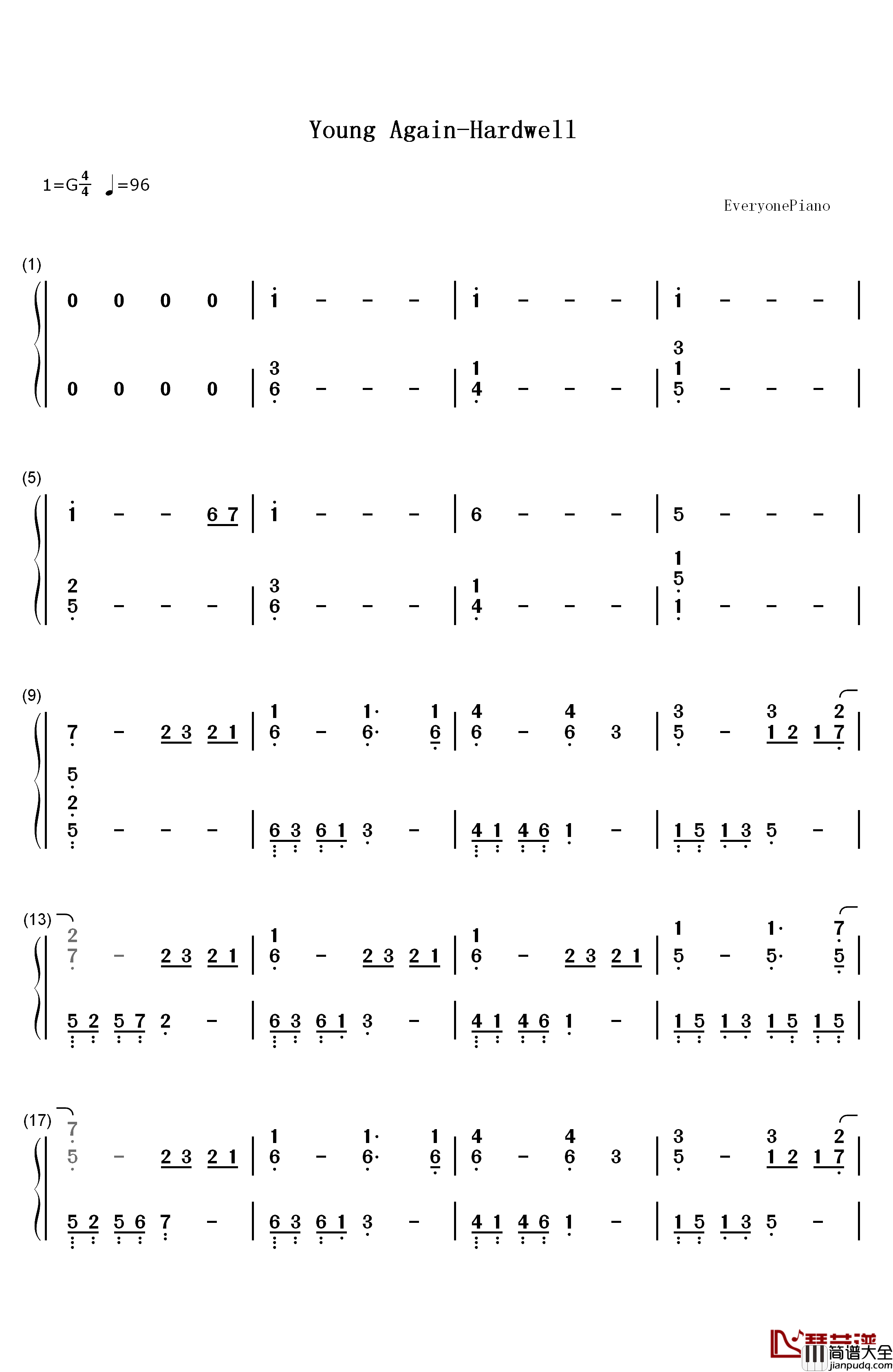 Young_Again钢琴简谱_数字双手_Hardwell