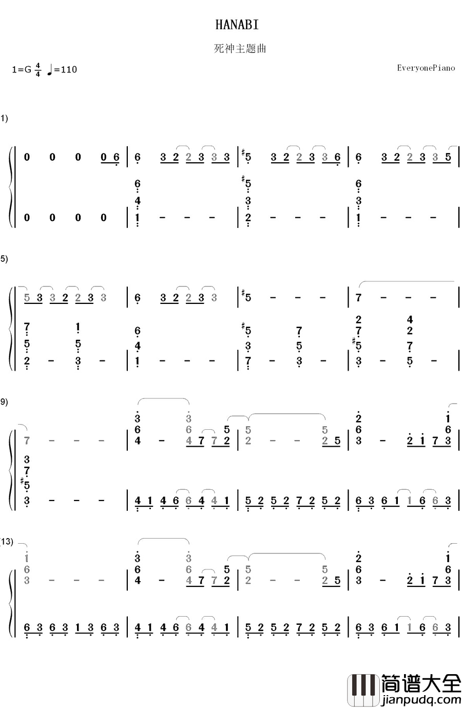 HANABI钢琴简谱_数字双手_いきものがかり__生物股长