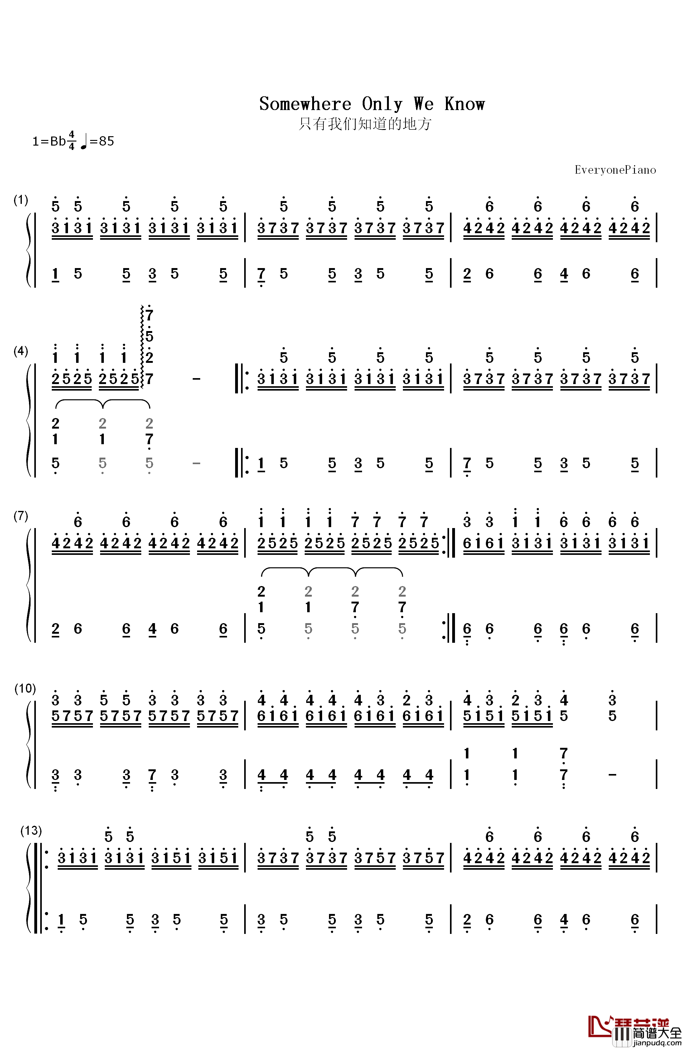 Somewhere_Only_We_Know钢琴简谱_数字双手_Lily_Allen