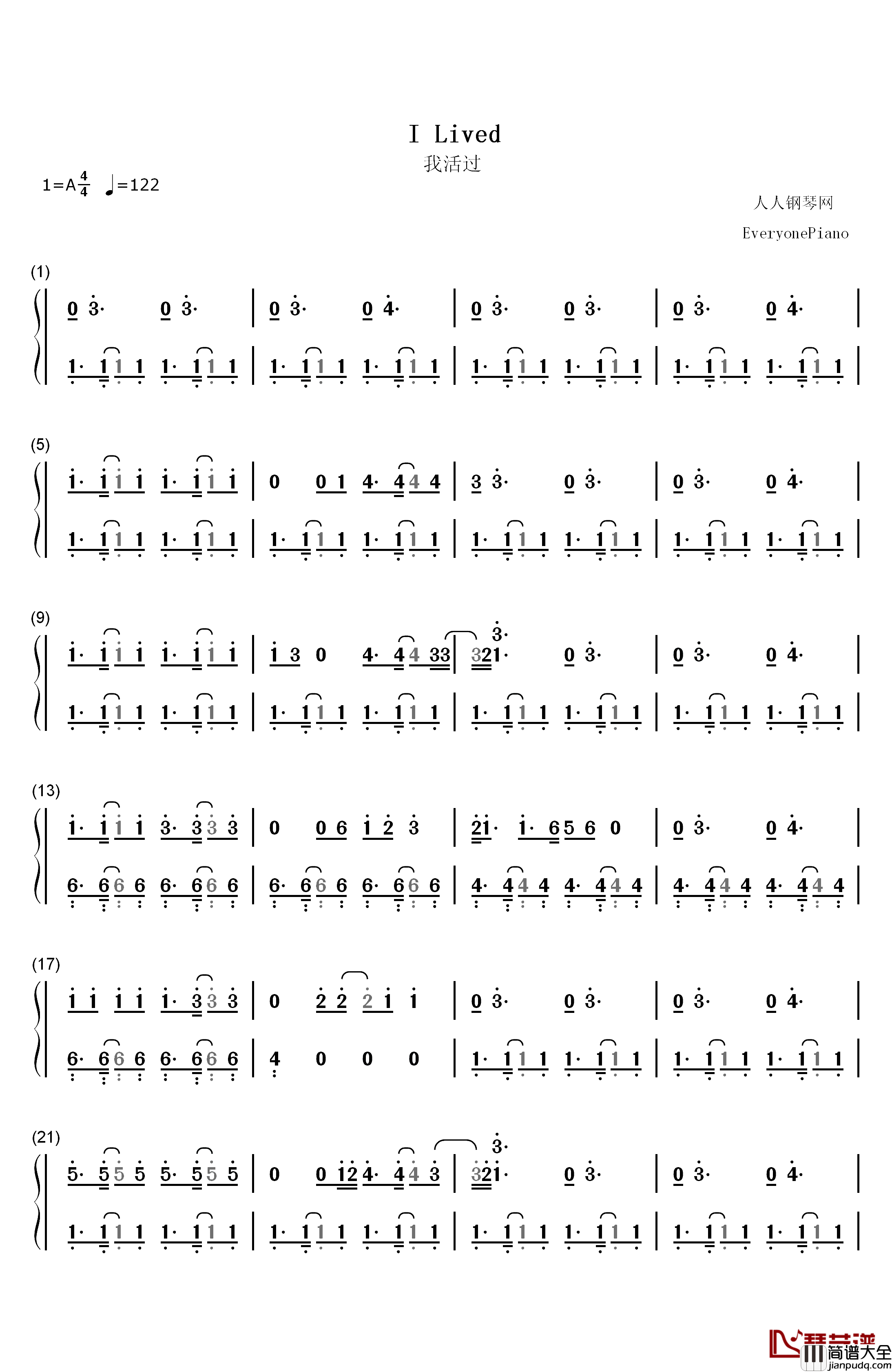 I_Lived钢琴简谱_数字双手_OneRepublic