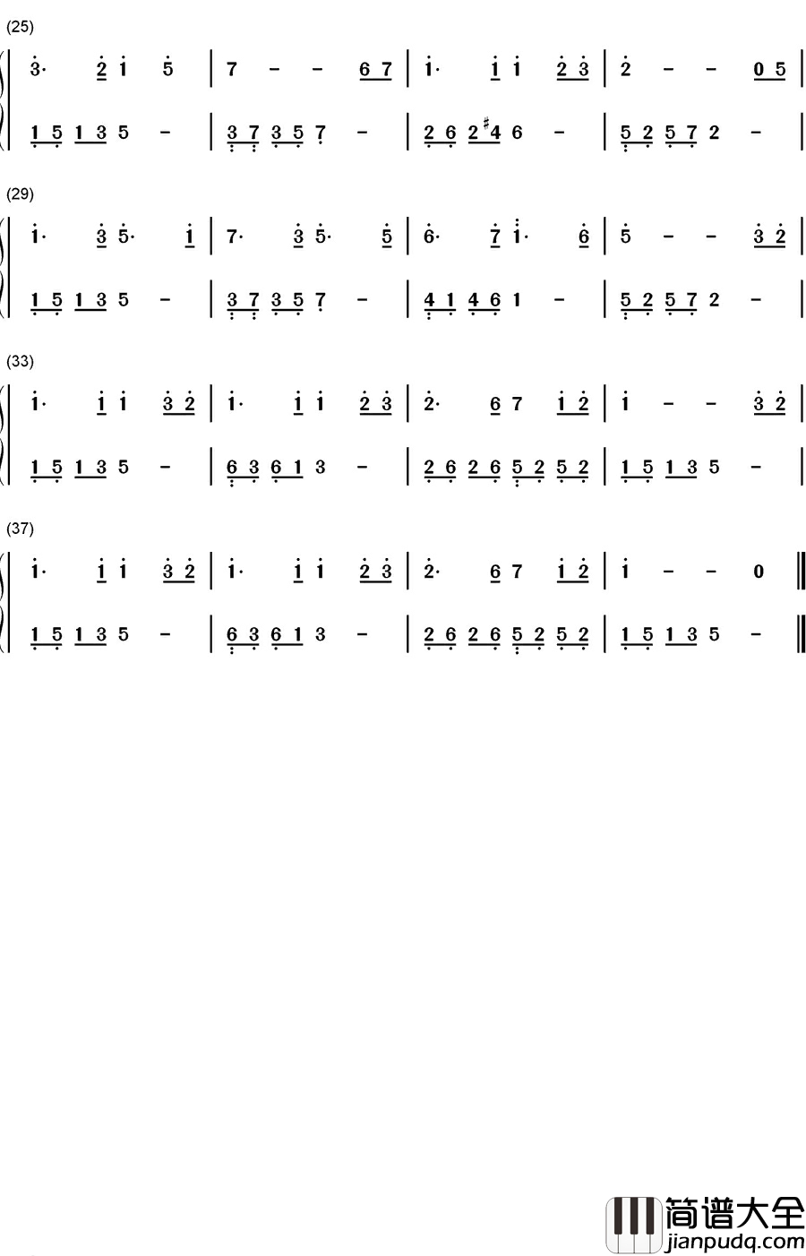 月亮代表我的心钢琴简谱_数字双手_邓丽君