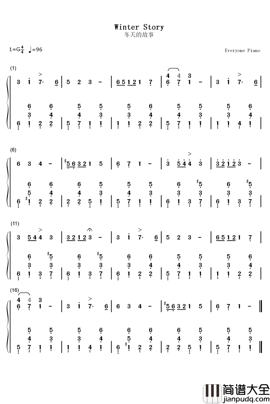 冬天的故事钢琴简谱_数字双手_A.契布尔卡