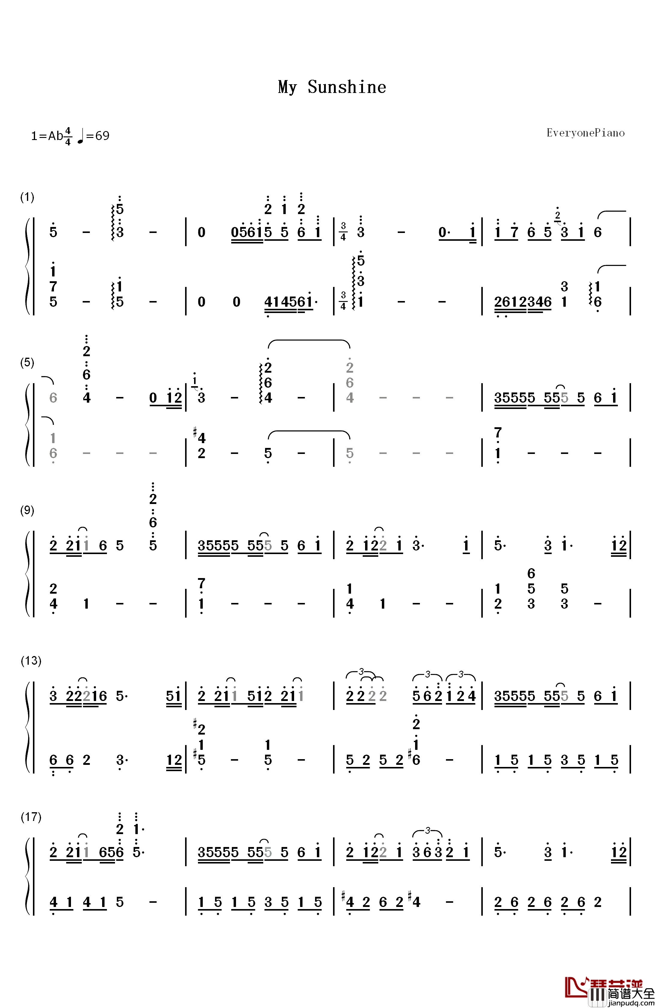 My_Sunshine钢琴简谱_数字双手_张杰