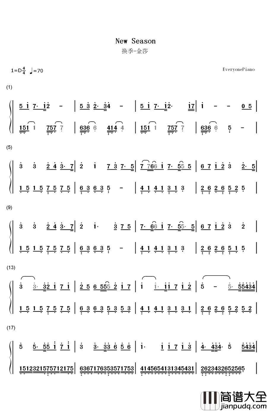 换季钢琴简谱_数字双手_金莎