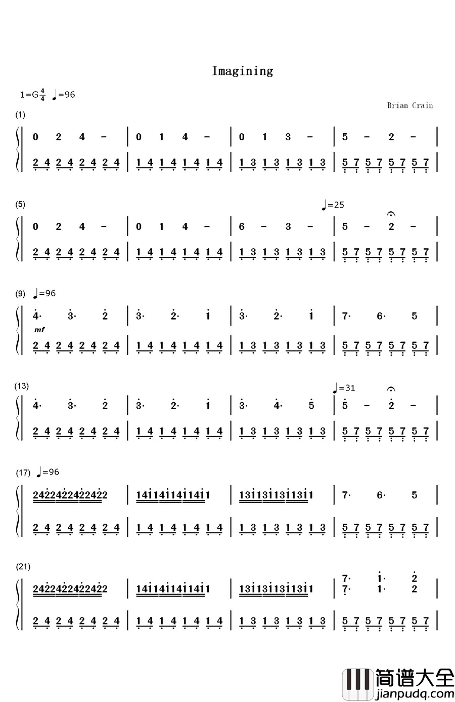 Imagining钢琴简谱_数字双手_Brian_Crain