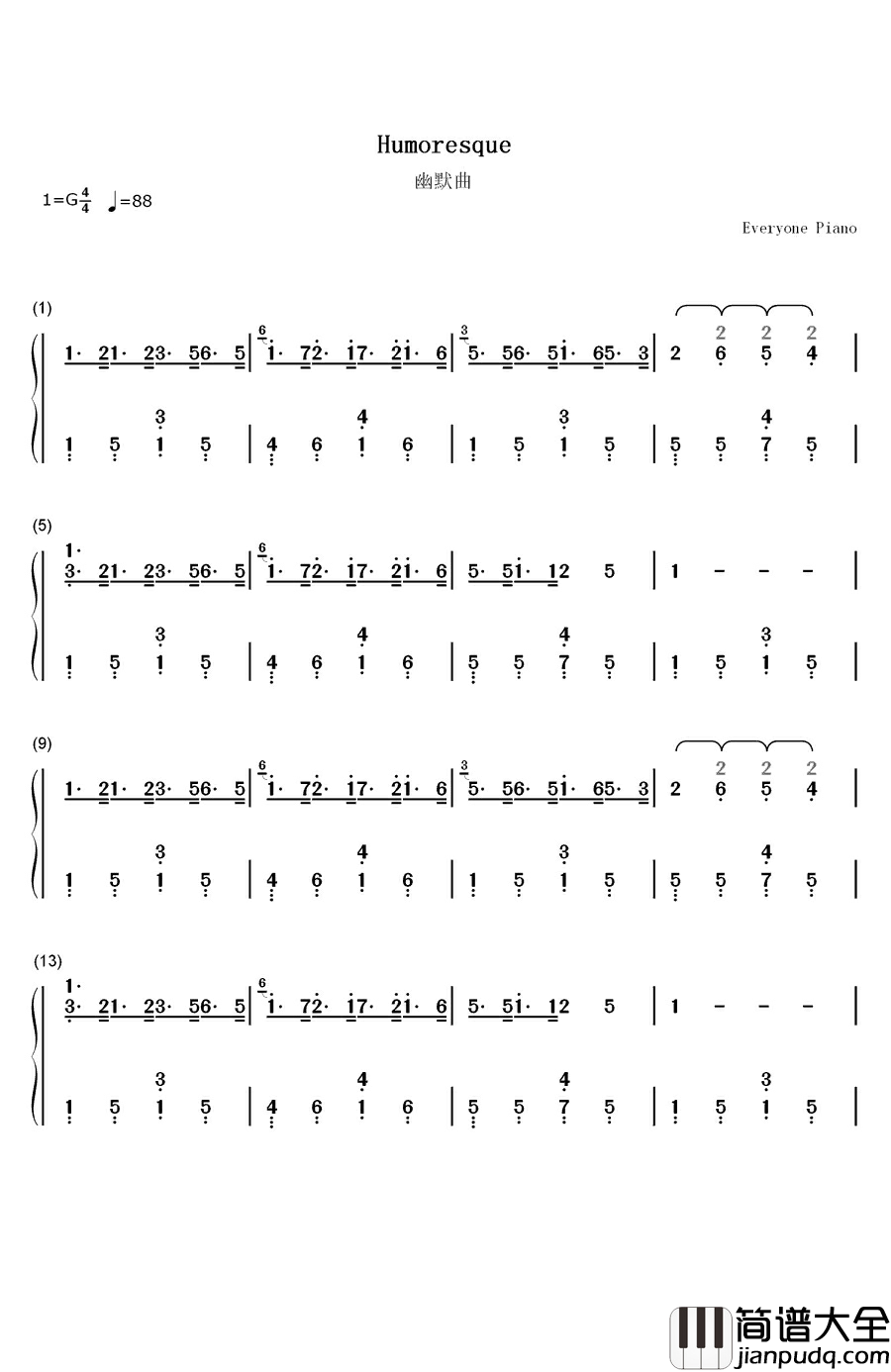 幽默曲钢琴简谱_数字双手_安东•德沃夏克