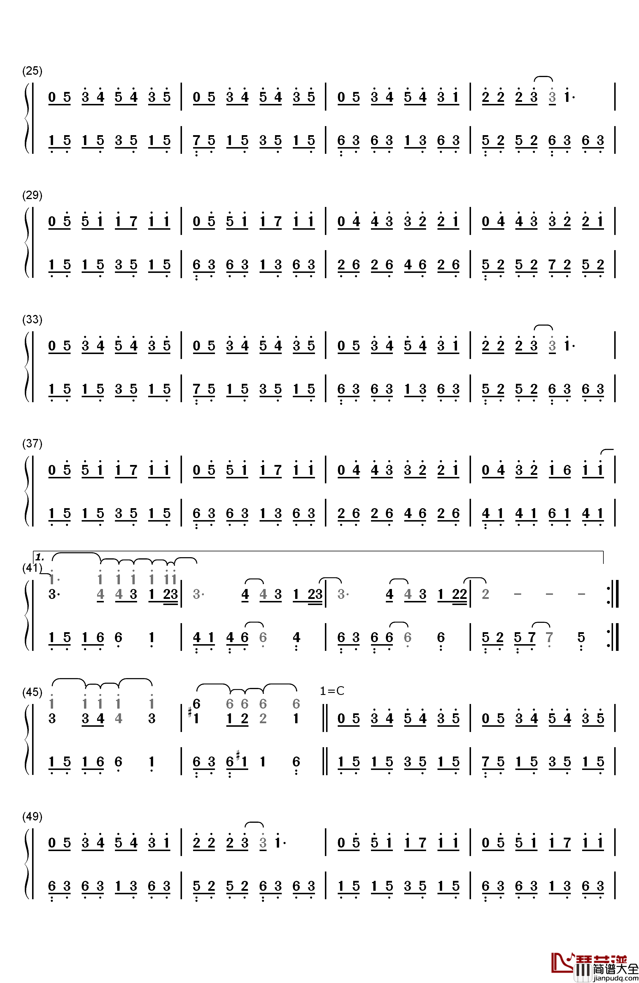 安静钢琴简谱_数字双手_周杰伦