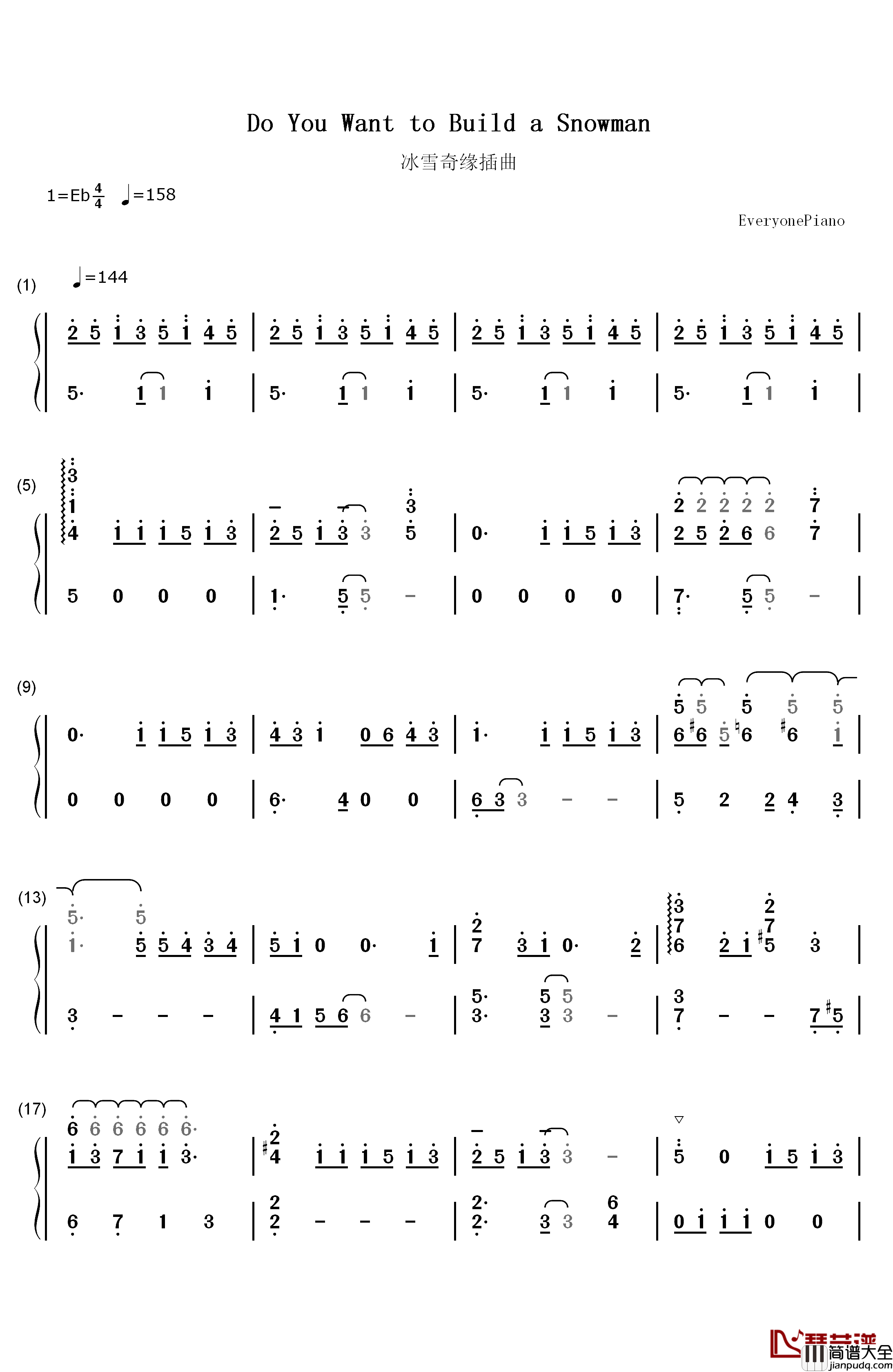 Do_You_Want_to_Build_a_Snowman钢琴简谱_数字双手_Kristen_Bell