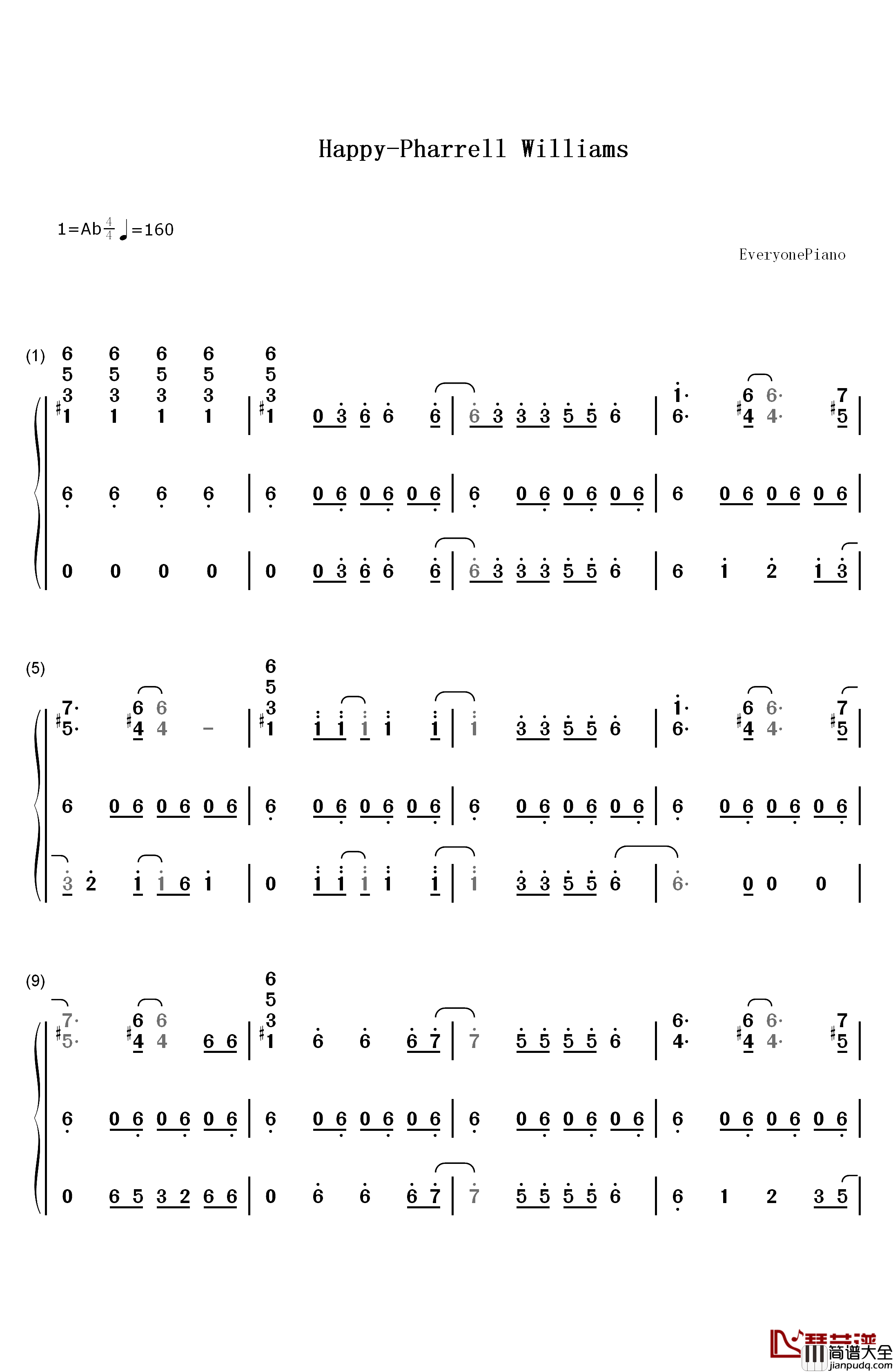 Happy钢琴简谱_数字双手_Pharrell_Williams