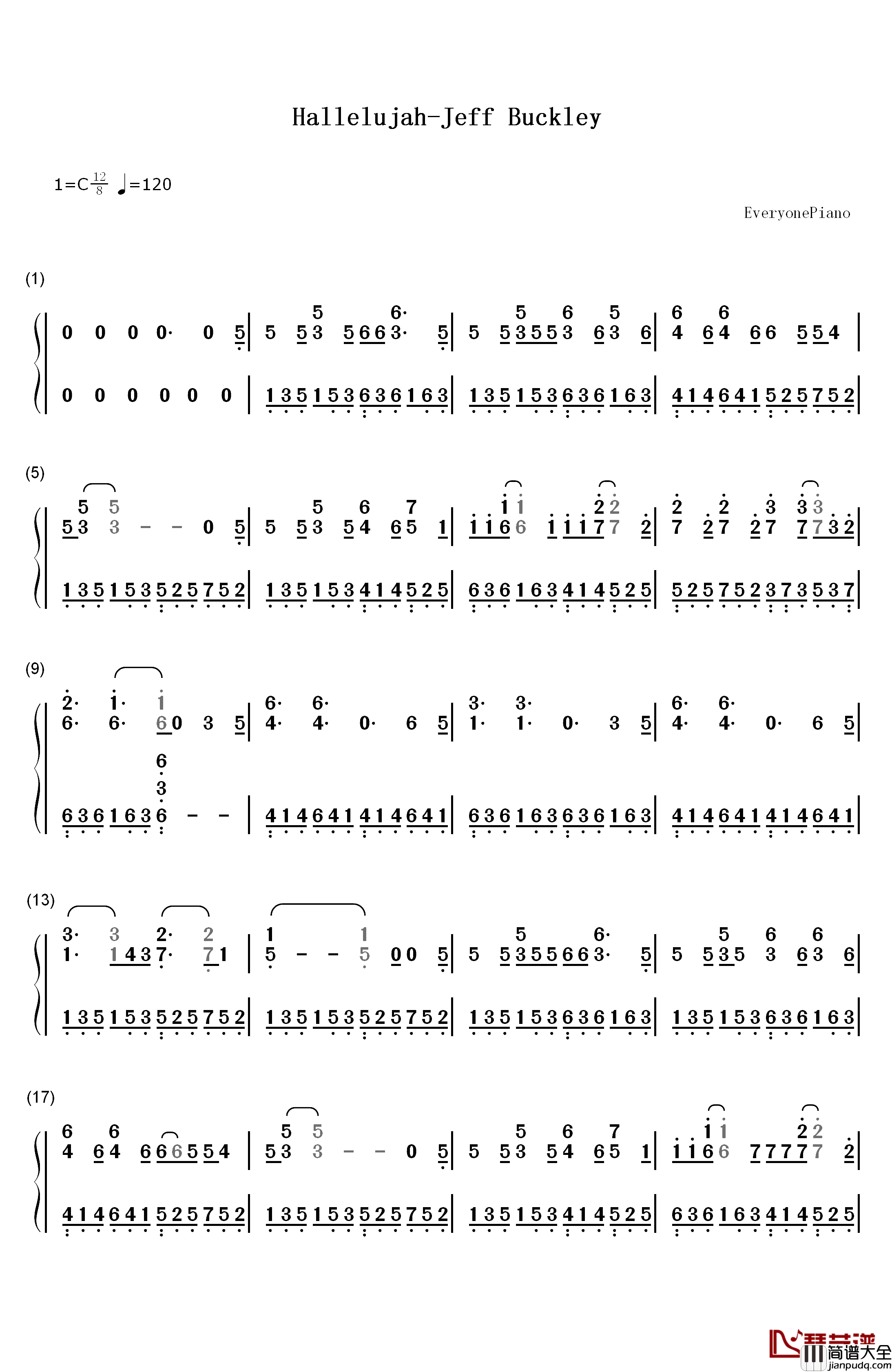 Hallelujah钢琴简谱_数字双手_Jeff_Buckley__Leonard_Cohen