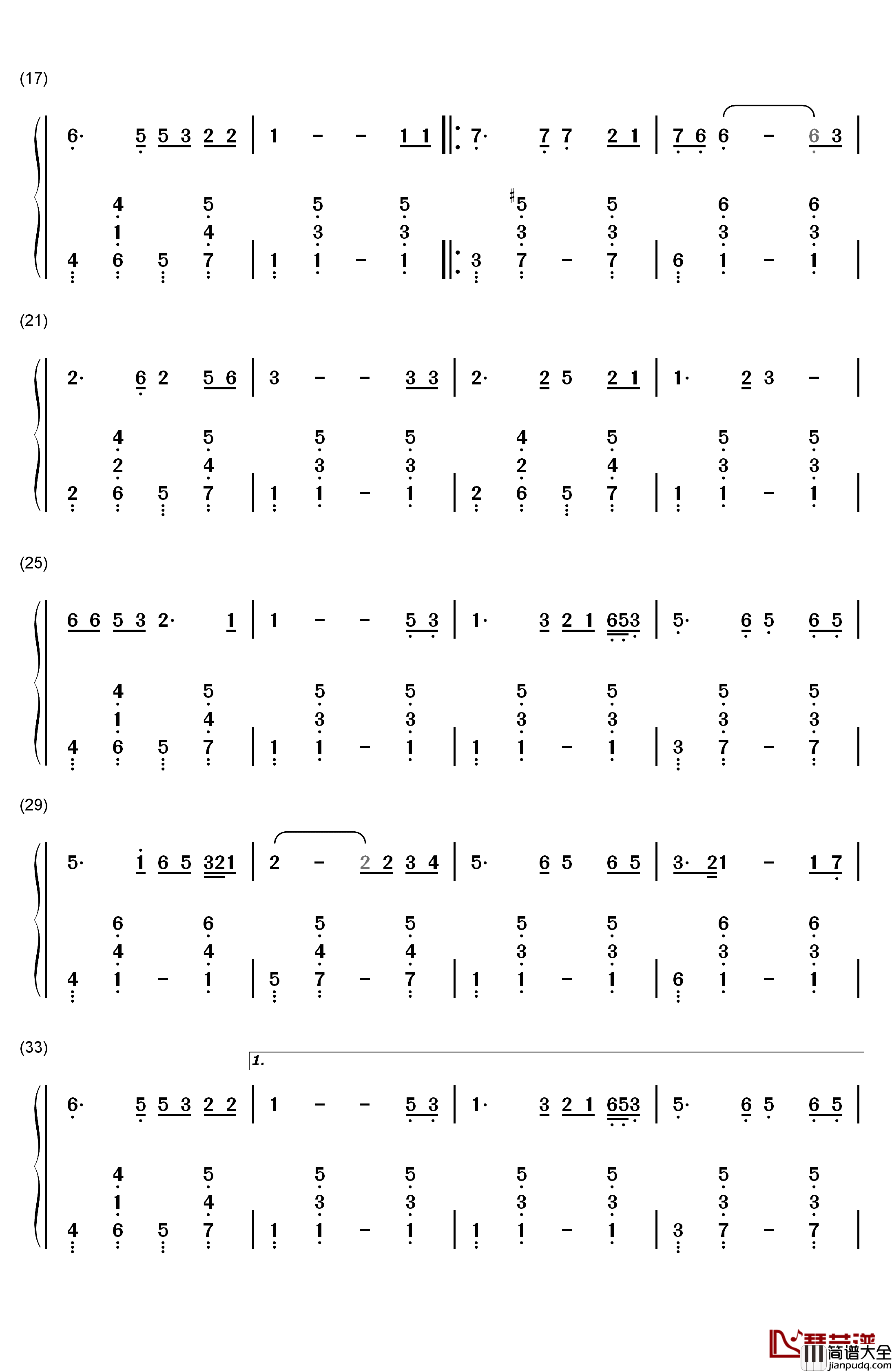 偏偏喜欢你钢琴简谱_数字双手_陈百强