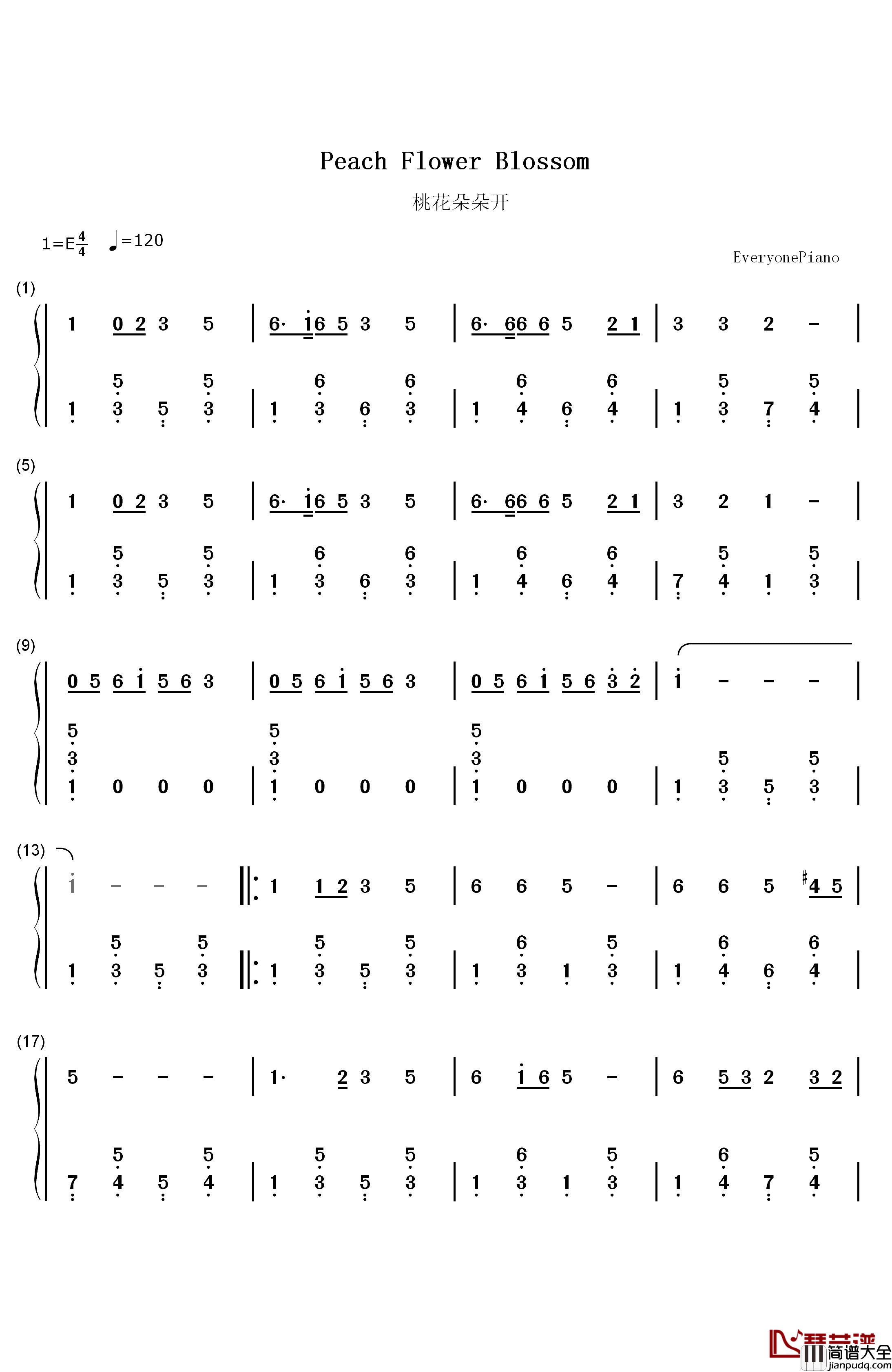 桃花朵朵开钢琴简谱_数字双手_阿牛