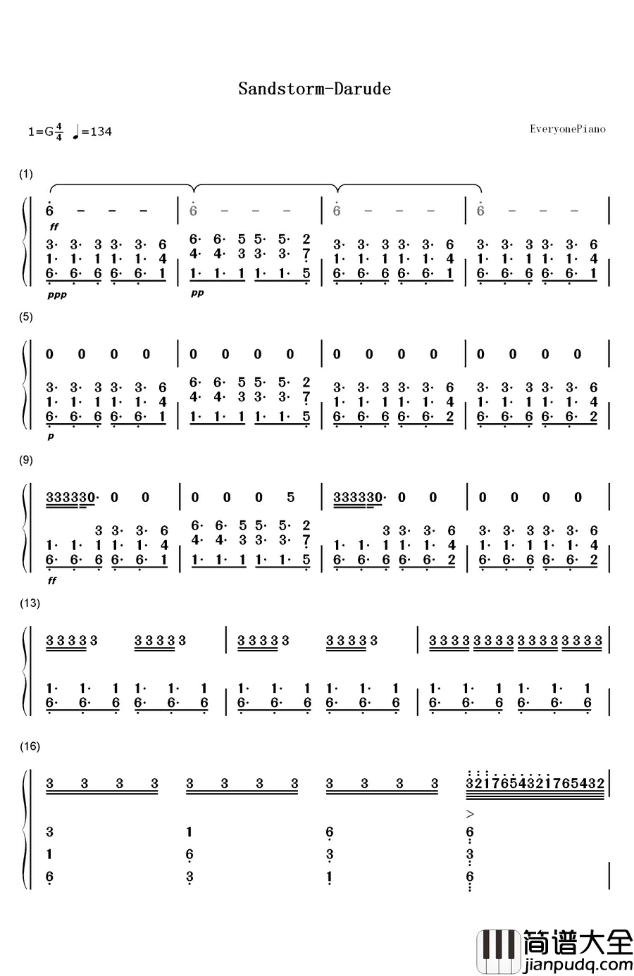 Sandstorm钢琴简谱_数字双手_Darude