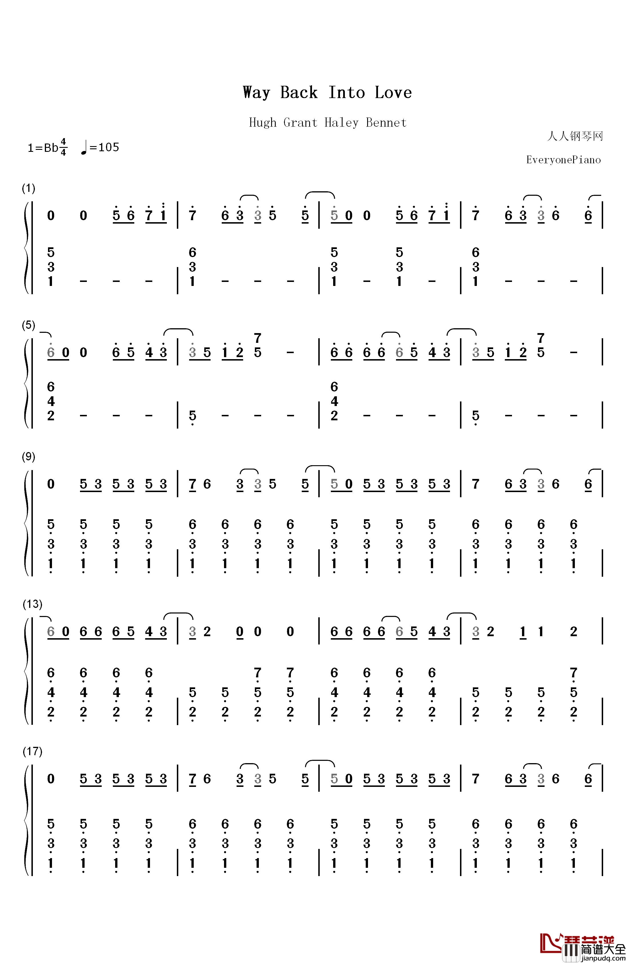 Way_Back_Into_Love钢琴简谱_数字双手_Haley_Bennett__Hugh_Grant