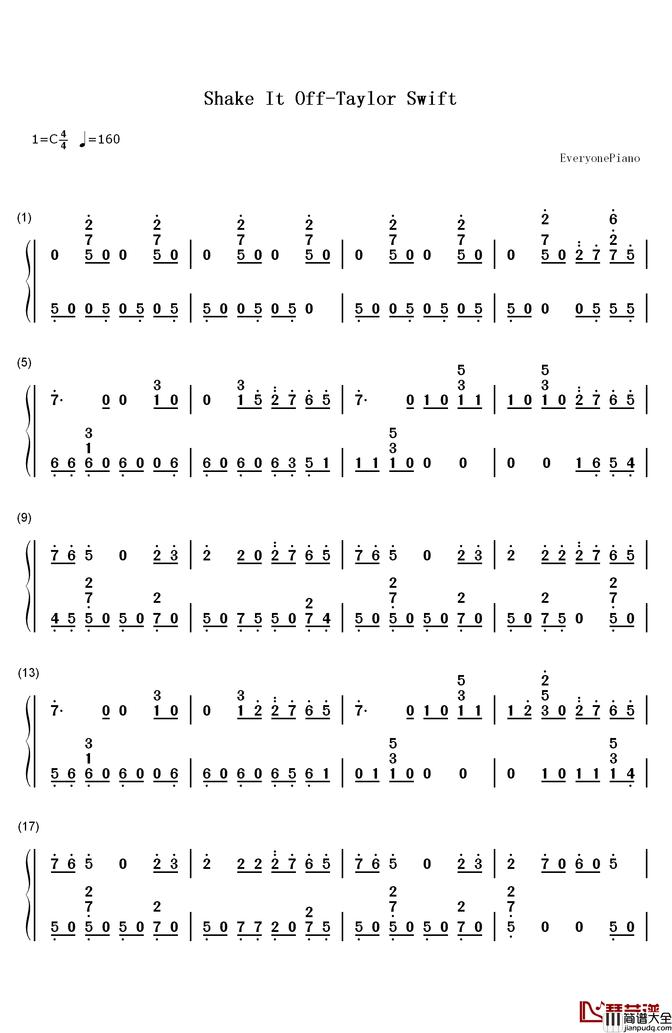 Shake_It_Off钢琴简谱_数字双手_Taylor_Swift