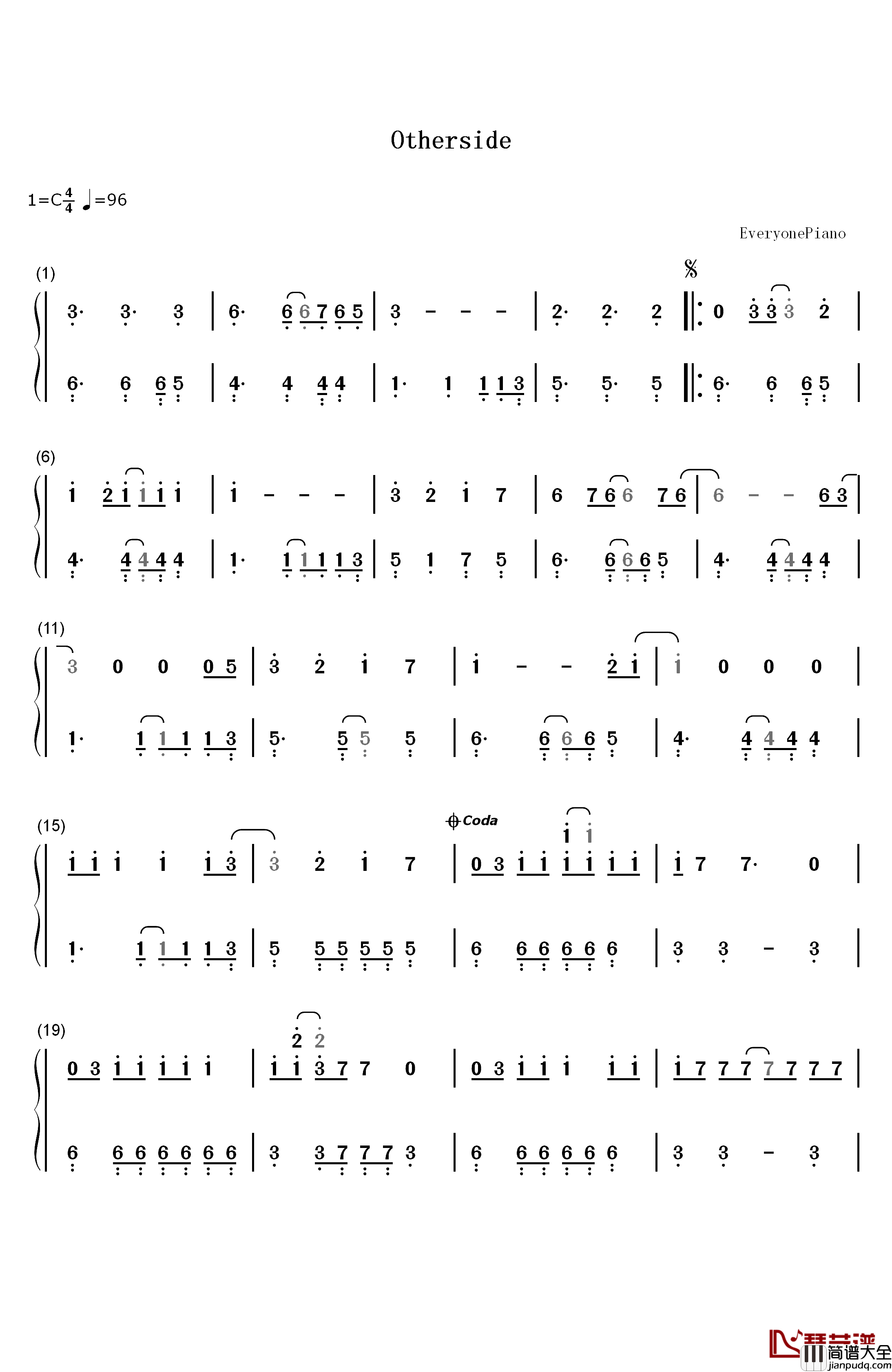 Otherside钢琴简谱_数字双手_Red_Hot_Chili_Peppers