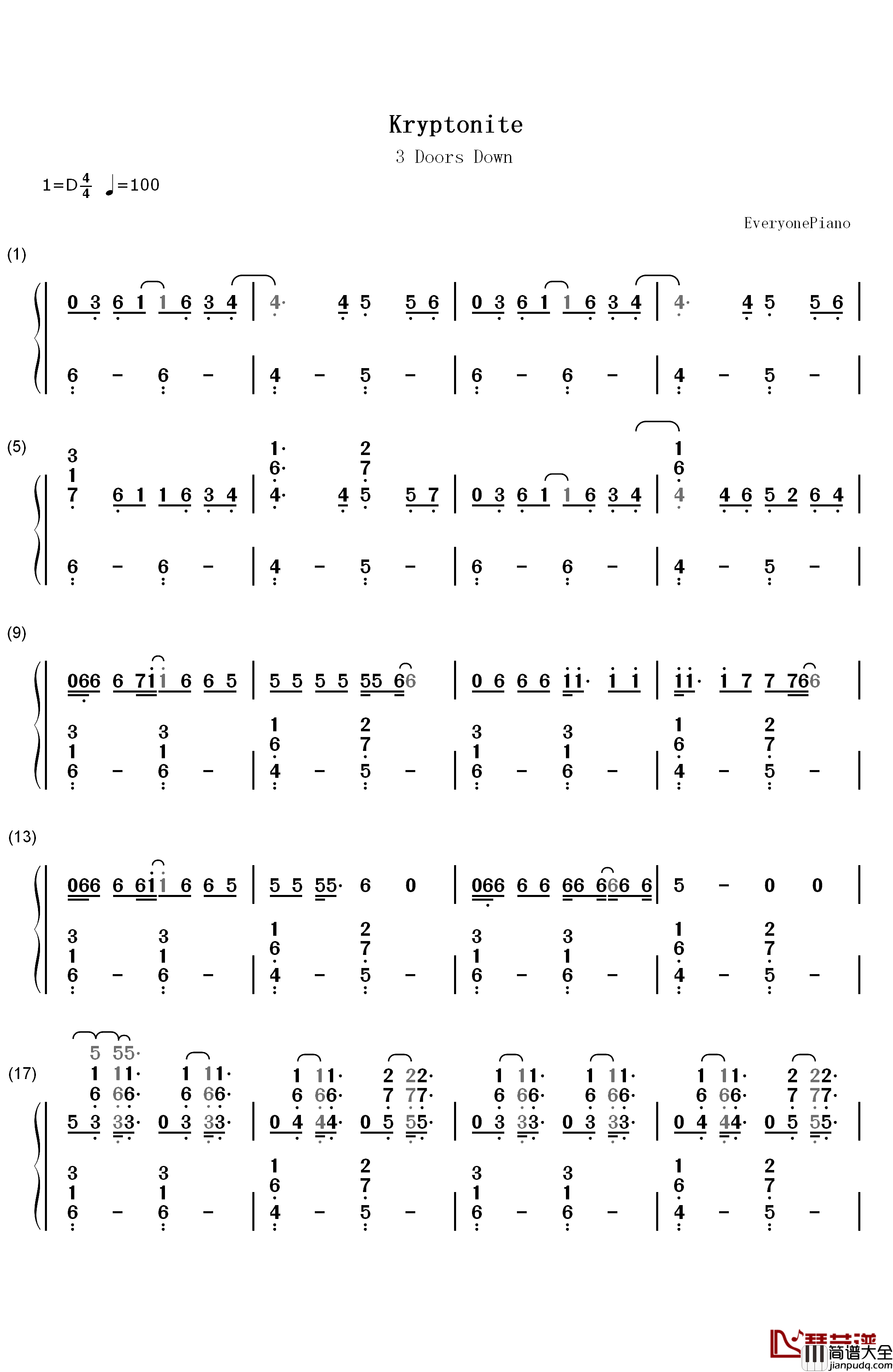 Kryptonite钢琴简谱_数字双手_3_Doors_Down